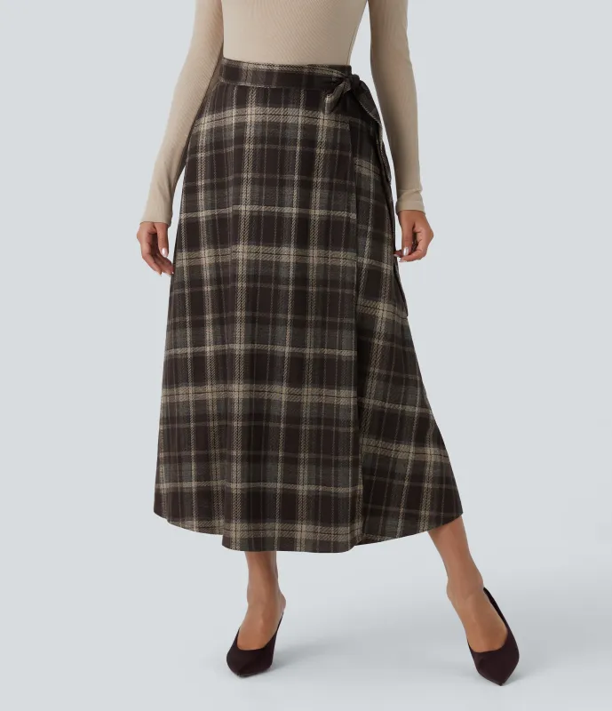 Halara Falda oficina midi cuadro tiro alto cinturón bolsillo lateral cruzado usar delante detrás - Nordin Red Plaid - S(regular) sold by Halara