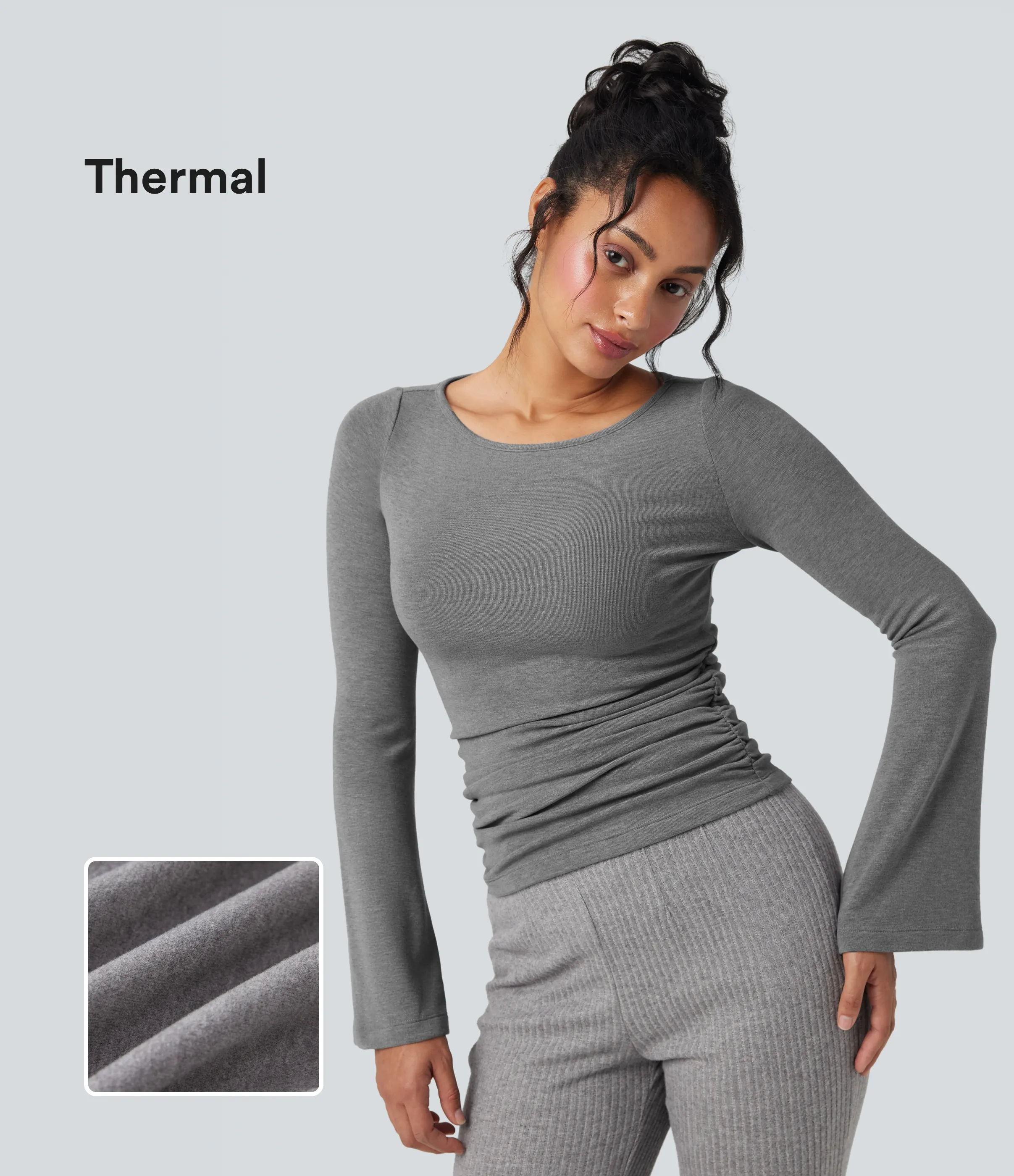 Halara Top casual térmico fruncido de manga larga con cuello barco - Mottled Cloud Grey - M sold by Halara