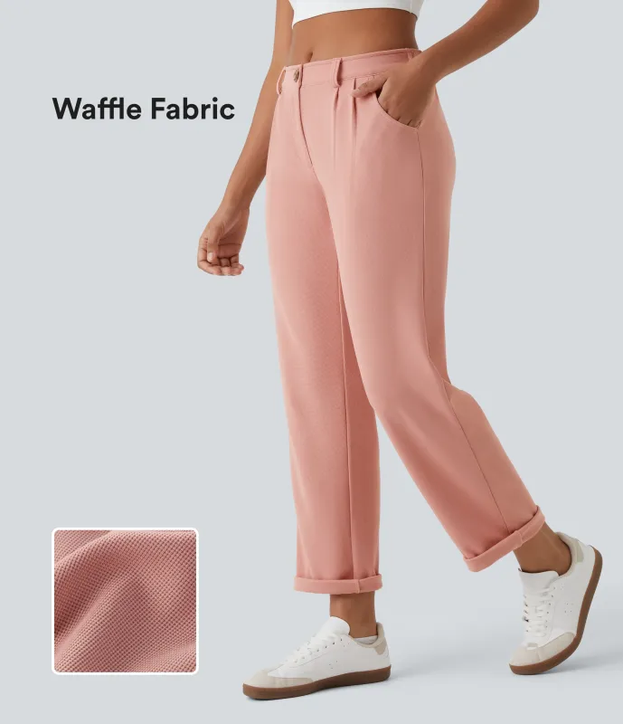 Halara Pantalones gofre bolsillo lateral cremallera botón tiro medio - Rose Tan - S(petite) sold by Halara