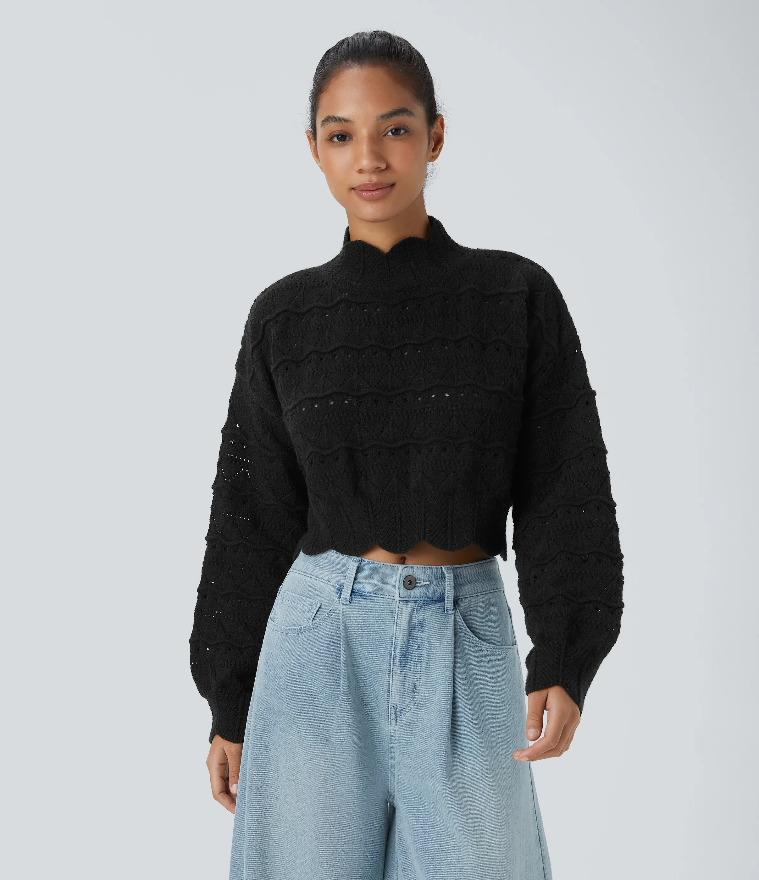 Halara Suéter abierto dobladillo festoneado manga obispo cuello alto - Black - XL sold by Halara product image thumbnail 2