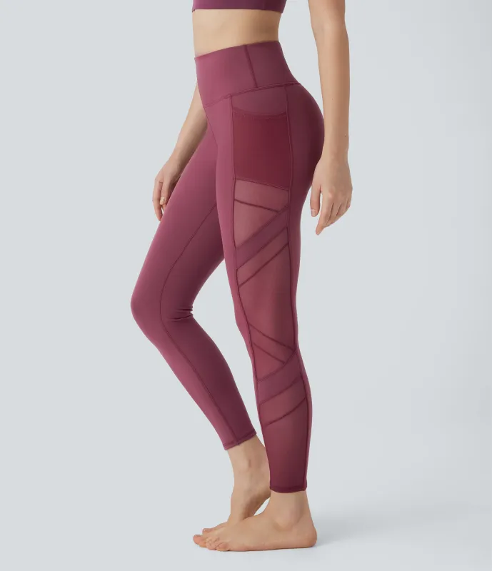 Halara Leggings yoga tiro alto 7/8 malla contrastante bolsillo lateral - Red Mahogany - XS(7/8) sold by Halara
