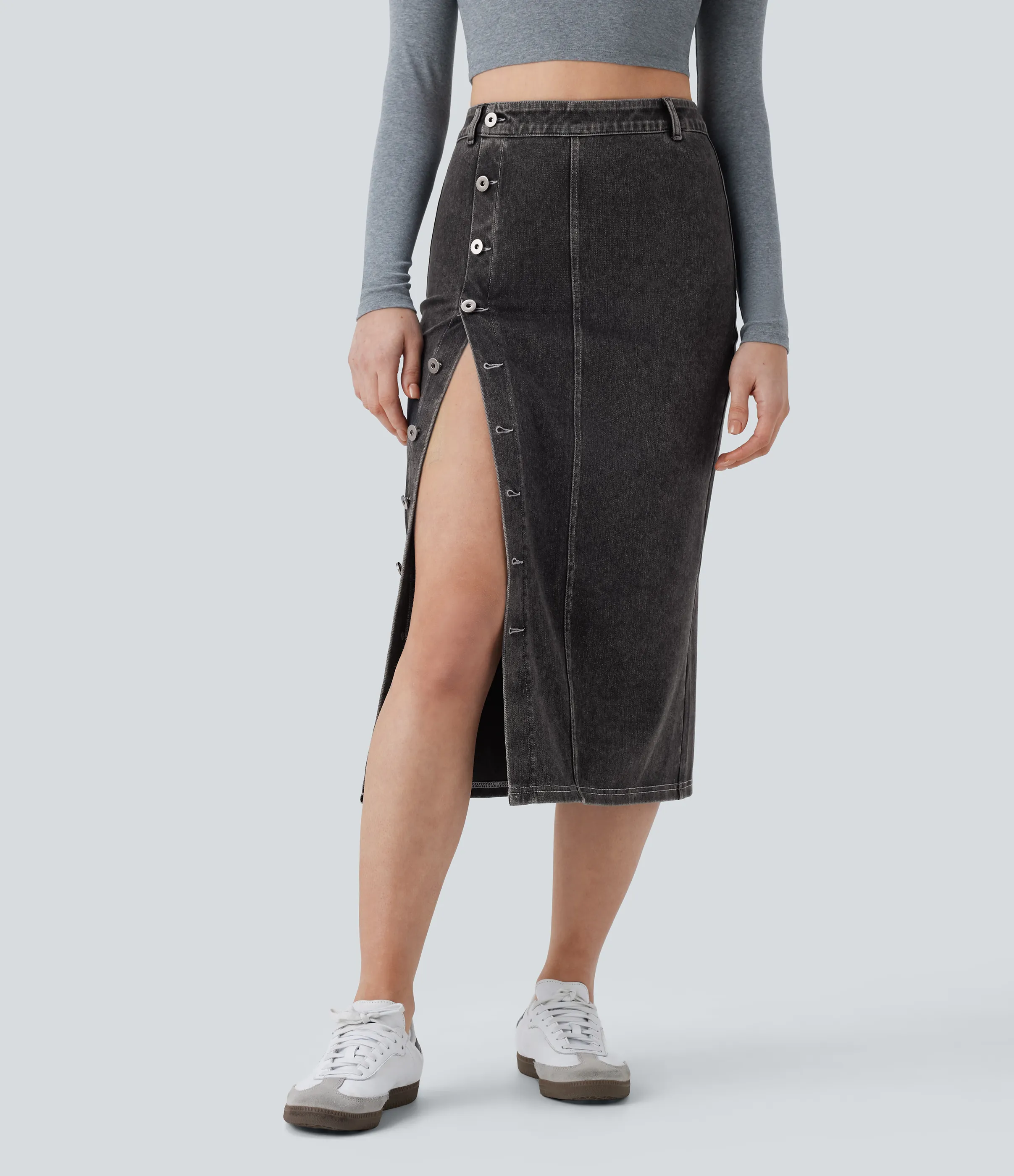 Halara Falda Midi Halara Flex™ Denim elástico lavado botón tiro alto - Hemp Rope Black Denim - XS(regular) sold by Halara product image thumbnail 2