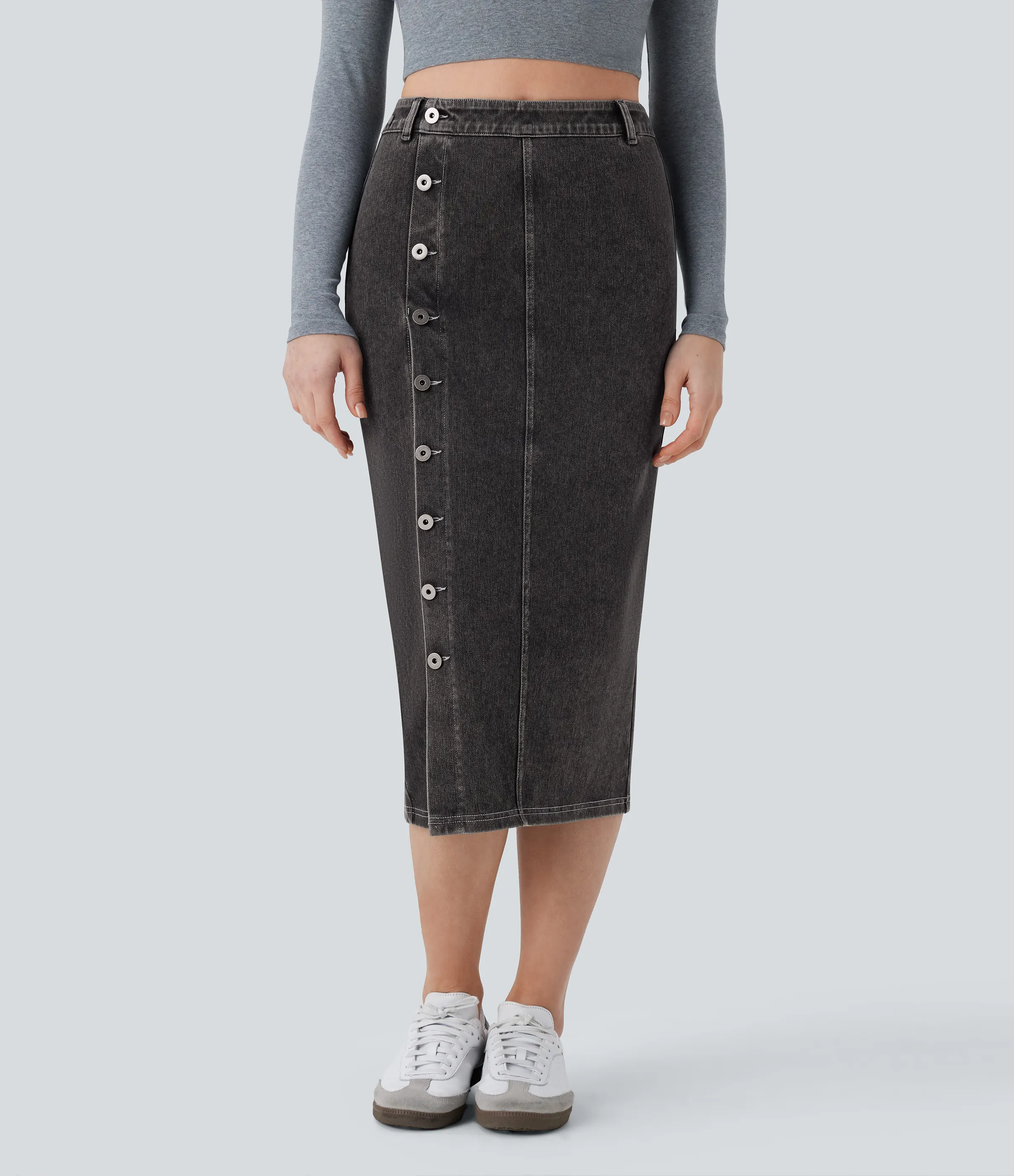 Halara Falda Midi Halara Flex™ Denim elástico lavado botón tiro alto - Hemp Rope Black Denim - XS(regular) sold by Halara product image thumbnail 3