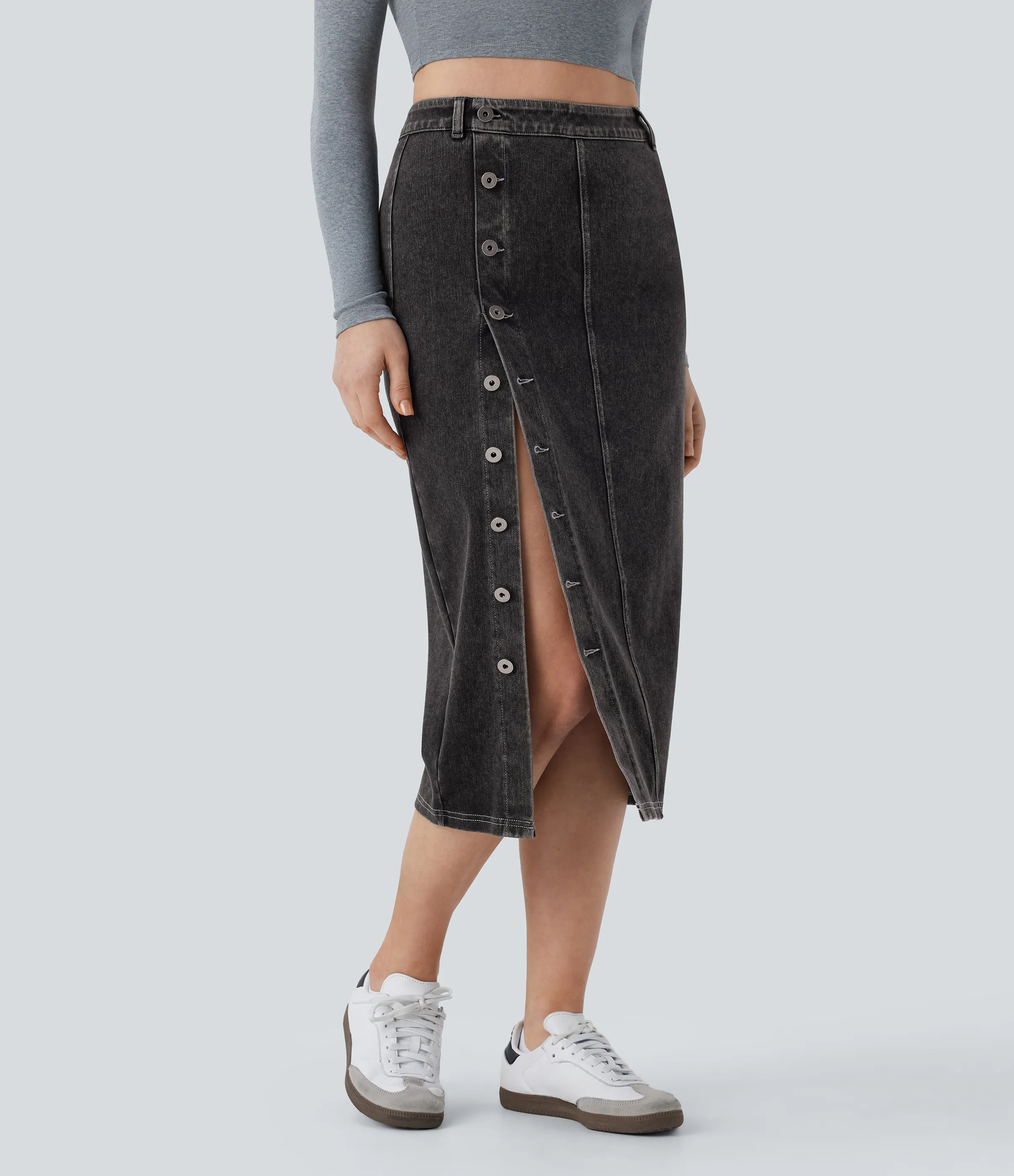 Halara Falda Midi Halara Flex™ Denim elástico lavado botón tiro alto - Hemp Rope Black Denim - XS(regular) sold by Halara product image thumbnail 5