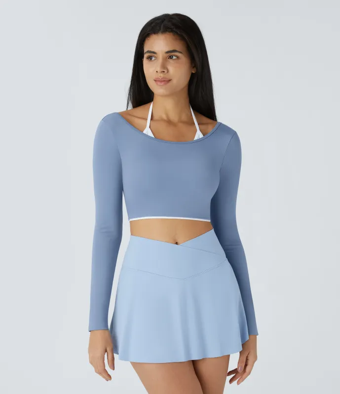 Halara Top Softlyzero™ Airy deportivo yoga manga larga cuello halter sin espalda diseño bloque color-UPF50+ - Endless Sky - L sold by Halara