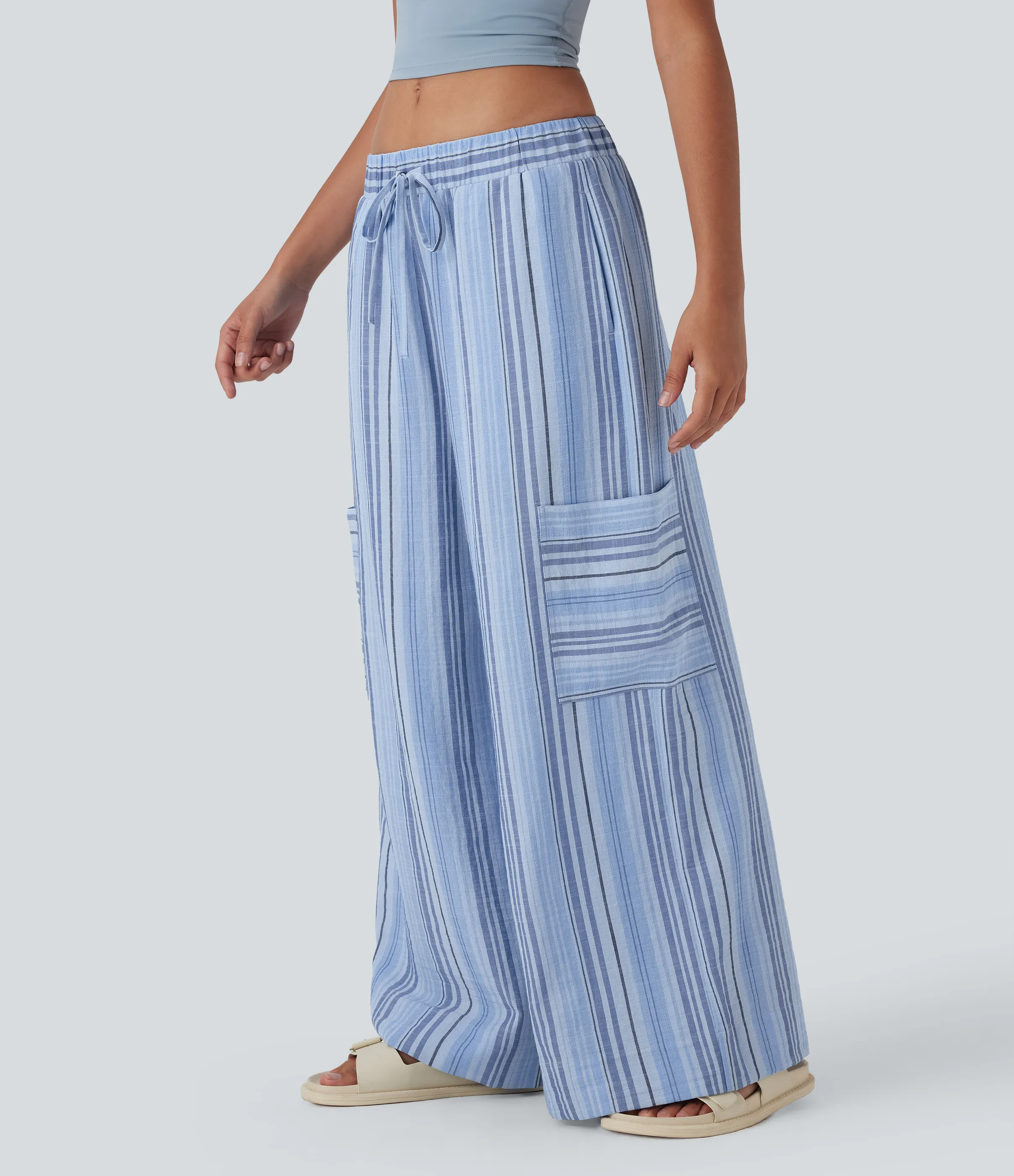 Halara Pantalones casuales y anchos de lino a rayas con tiro bajo, cordón ajustable y múltiples bolsillos - Bohemia Yarn Dye Blue Stripe - M(regular) sold by Halara product image thumbnail 2