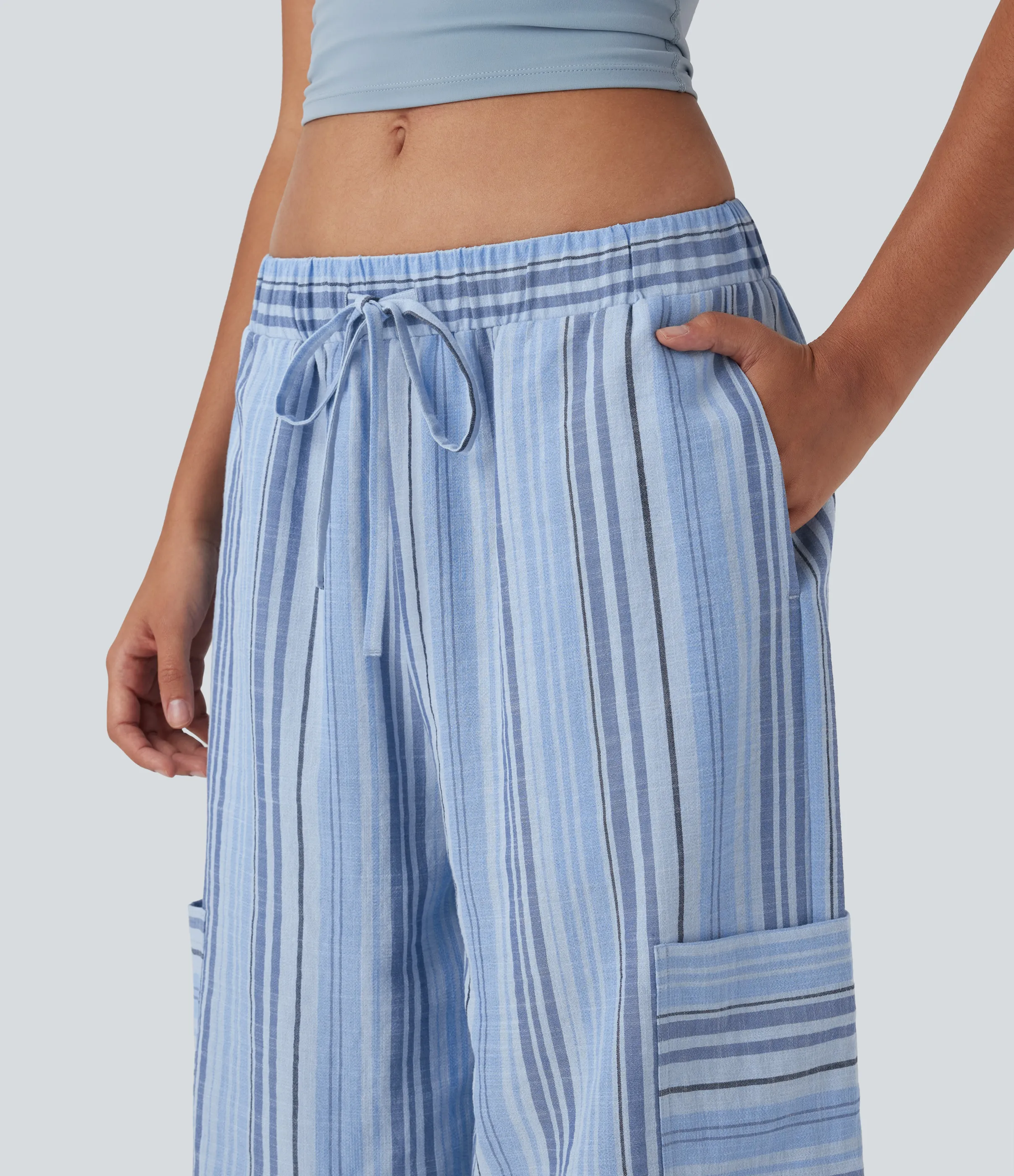 Halara Pantalones casuales y anchos de lino a rayas con tiro bajo, cordón ajustable y múltiples bolsillos - Bohemia Yarn Dye Blue Stripe - M(regular) sold by Halara product image thumbnail 5