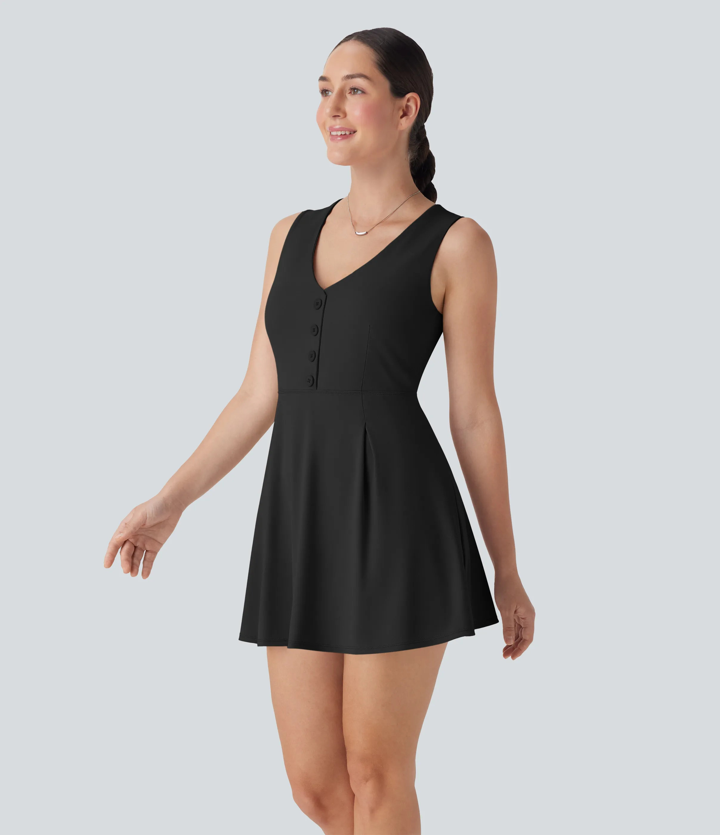 Halara Vestido mini casual de dos piezas con cuello en V sin mangas con botones decorativos y bolsillo - Black - XL sold by Halara product image thumbnail 4