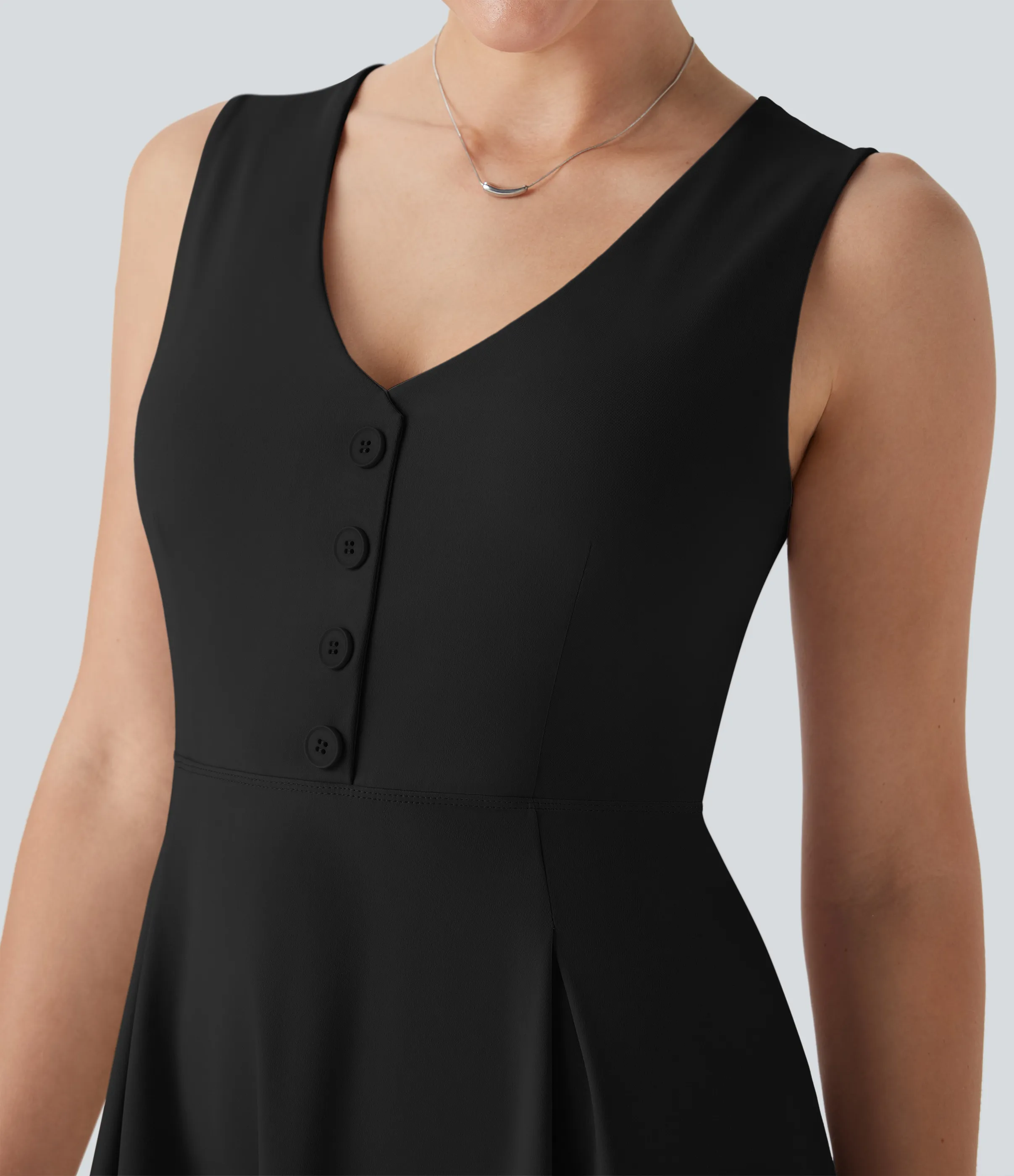 Halara Vestido mini casual de dos piezas con cuello en V sin mangas con botones decorativos y bolsillo - Black - XL sold by Halara product image thumbnail 5