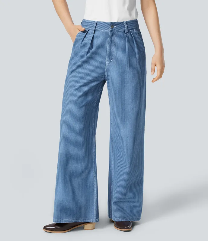 Halara Jeans Baggy Halara Flex™ Denim holgado pierna ancha tiro alto múltiple bolsillo punto elástico raya lavado - Light Blue Stripe Denim - L(regular) made by Halara