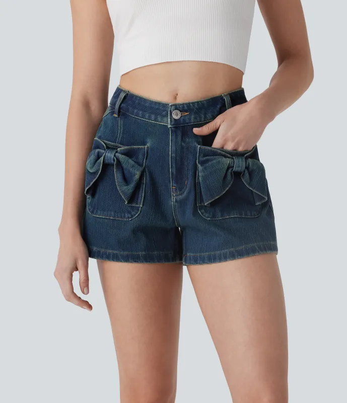 Halara Shorts Halara Flex™ Denim elástico de tiro medio desgastados con cremallera y botones con bolsillo frontal y lazo en longitud 7.5cm - Steel Denim - S(regular) sold by Halara