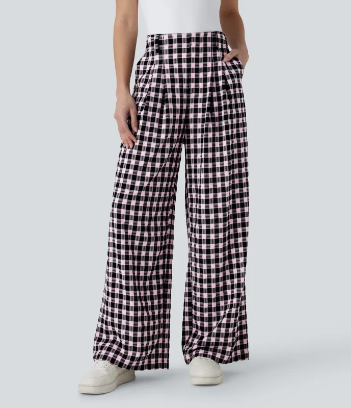 Halara Pantalón cuadro pierna ancha bolsillo lateral tiro alto - Light Pink Architectural Plaid - M(regular) sold by Halara