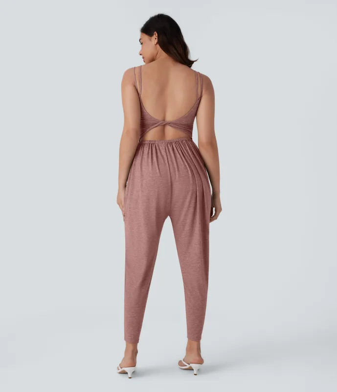 Halara Mono harén bolsillo lateral tirante doble retorcido sin espalda - Easy Peezy - Brick Red Mix - L(regular) sold by Halara