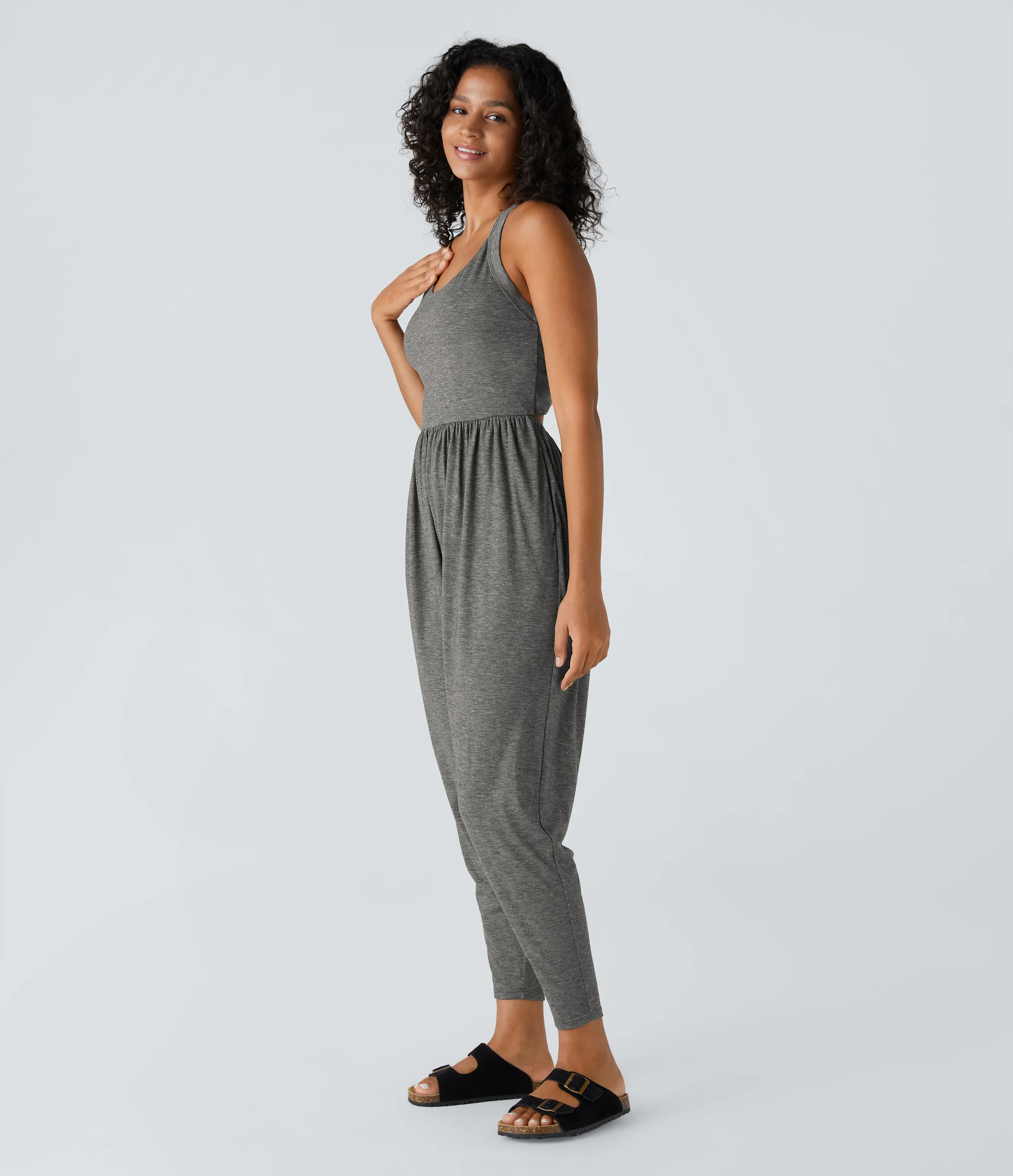 Halara Mono harén bolsillo lateral cuello U torcido sin espalda - Darl Gray Floral Yarn - S(regular) sold by Halara product image thumbnail 3