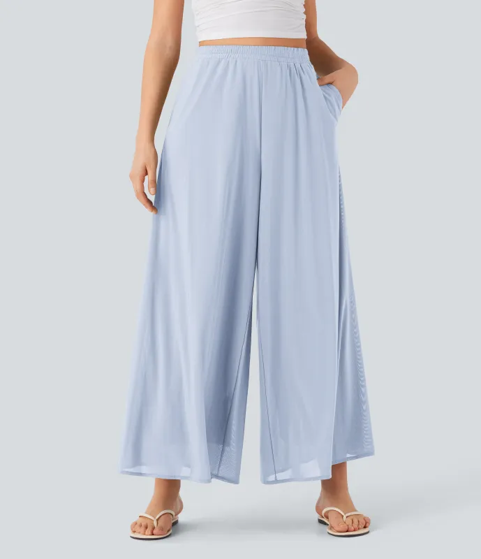 Halara Pantalón pierna ancha superposición malla bolsillo lateral tiro alto - Ballad Blue - XS(regular) sold by Halara