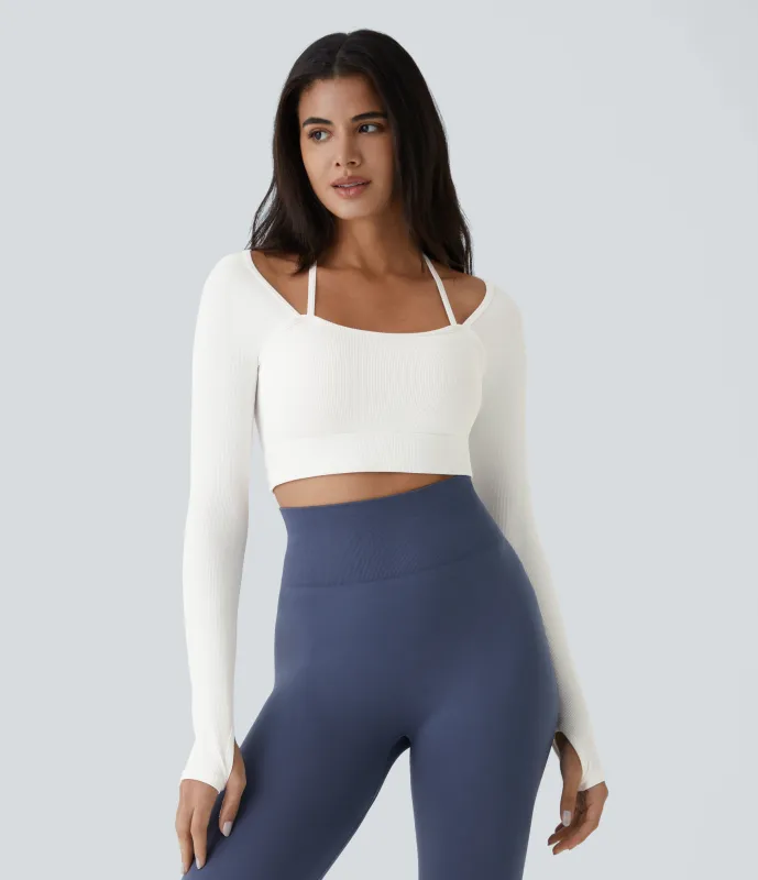 Halara Top deportivo abierto con agujeros para el pulgar y cuello tipo halter - White - XL sold by Halara