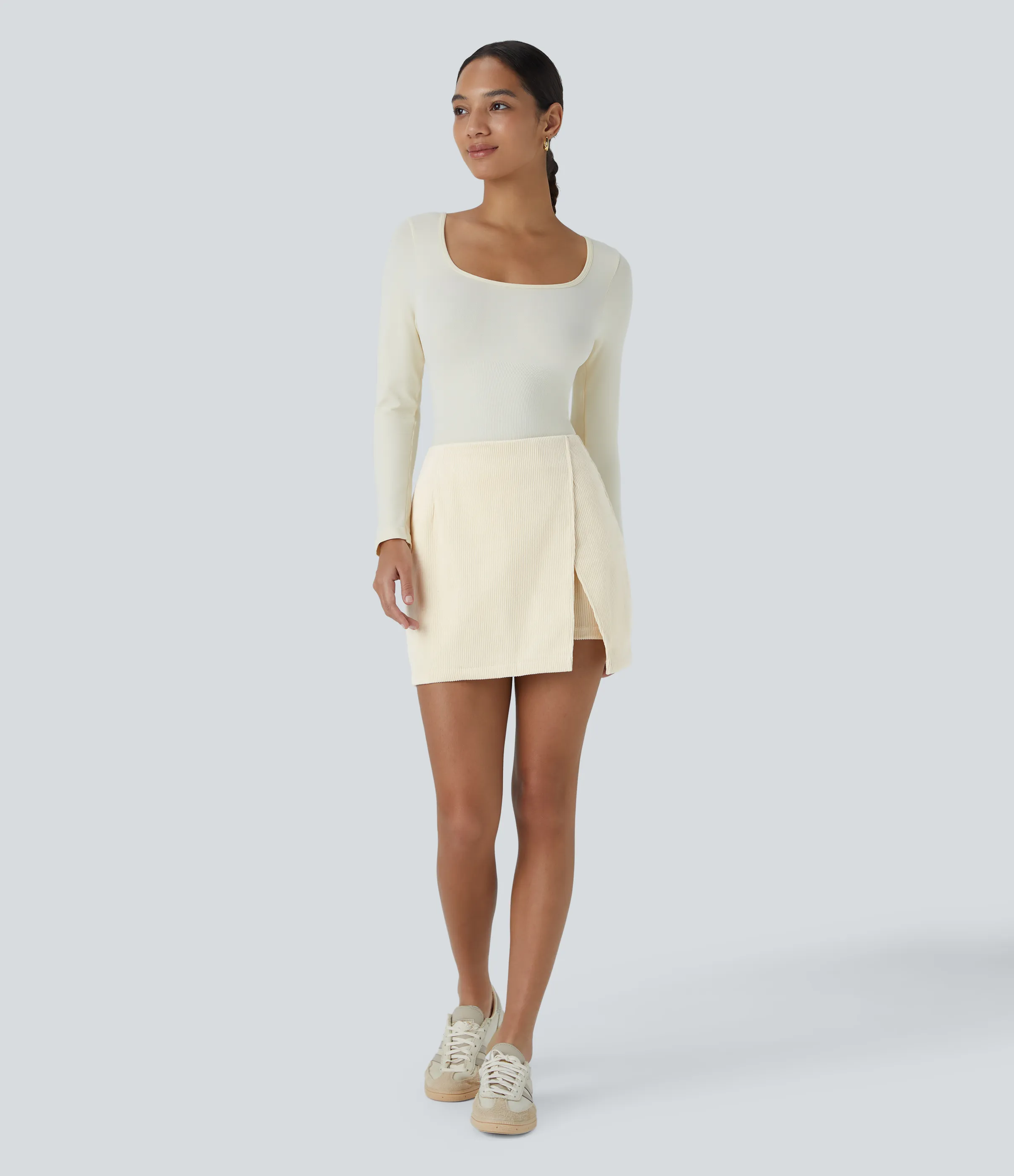 Halara Falda pana 2 en 1 tiro alto cremallera espalda dobladillo dividido - White Swan - XS(regular) sold by Halara product image thumbnail 5