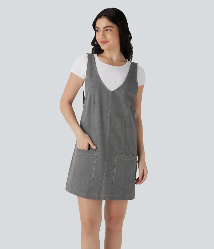 Halara Minivestido casual estilo vaquero con cuello en V y bolsillos laterales - Light Gray Washed Denim - S sold by Halara