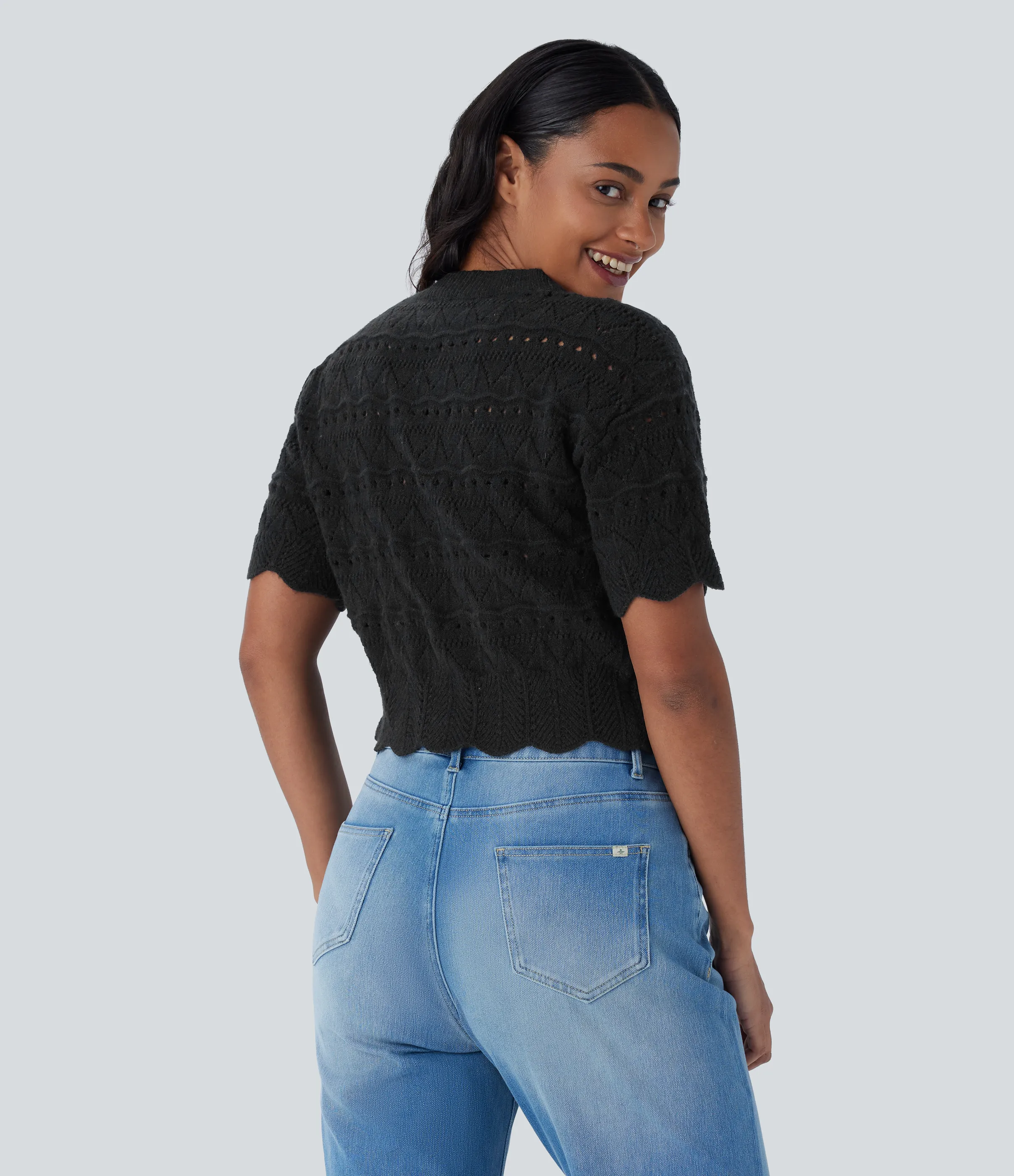 Halara Suéter abierto dobladillo festoneado manga corta cuello redondo - Black - XL sold by Halara product image thumbnail 3