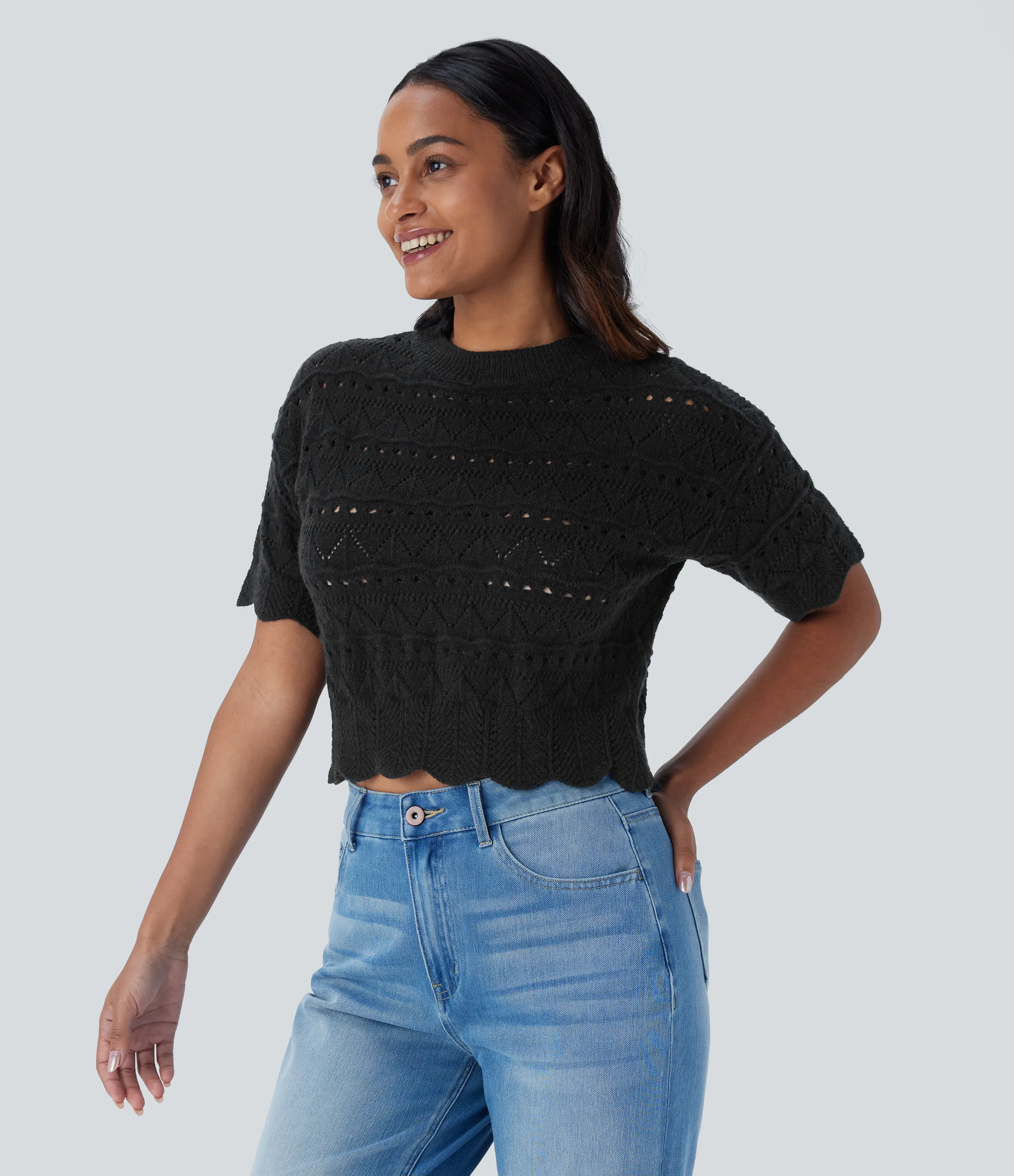 Halara Suéter abierto dobladillo festoneado manga corta cuello redondo - Black - XL sold by Halara product image thumbnail 4