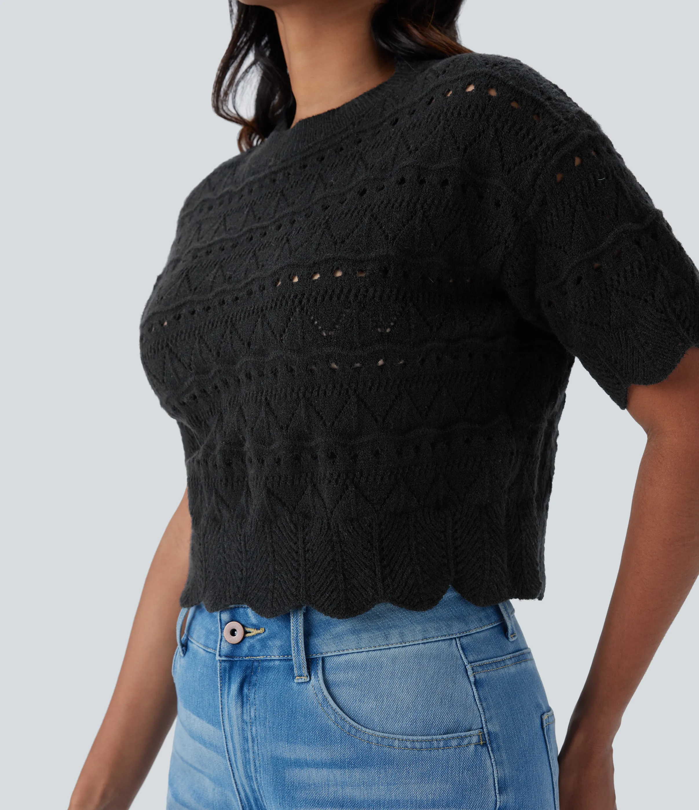 Halara Suéter abierto dobladillo festoneado manga corta cuello redondo - Black - XL sold by Halara product image thumbnail 5