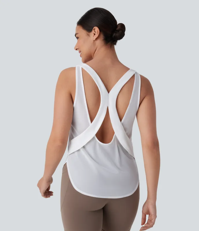 Halara Camiseta sin mangas correr secado rápido dobladillo curvo malla contrastante sin espalda - White - L sold by Halara