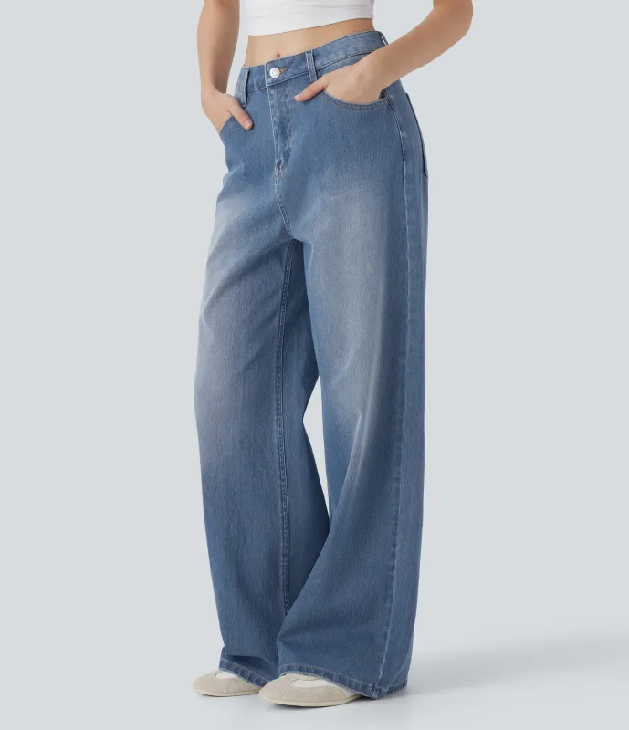 Halara Jeans Baggy Halara Flex™ Denim vaquero holgado elástico lavado tiro medio bolsillo - Tide Blue Denim - XS(regular) sold by Halara