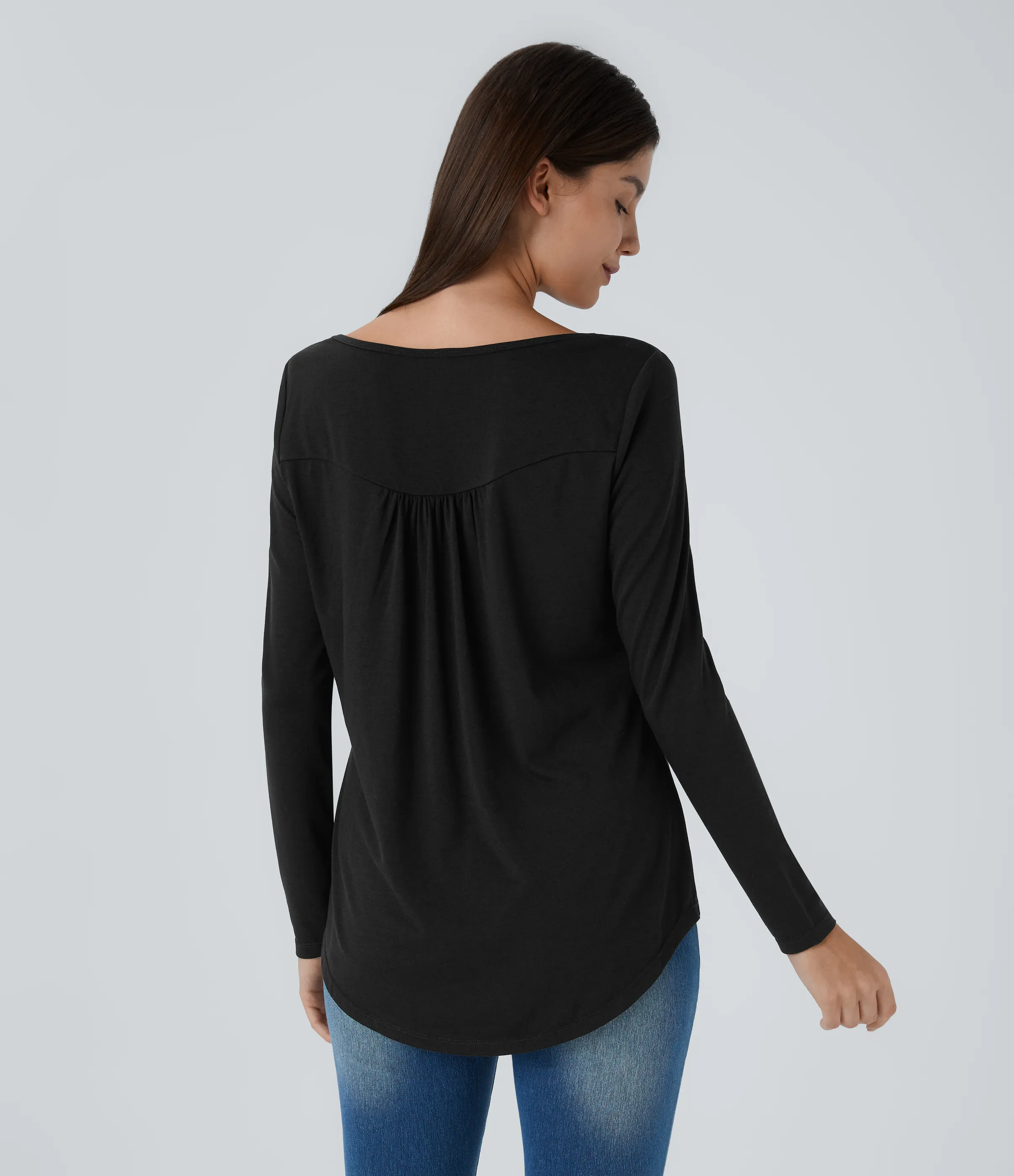 Halara Blusa cuello redondo botón manga larga plisada dobladillo curvo - Black - M sold by Halara product image thumbnail 3