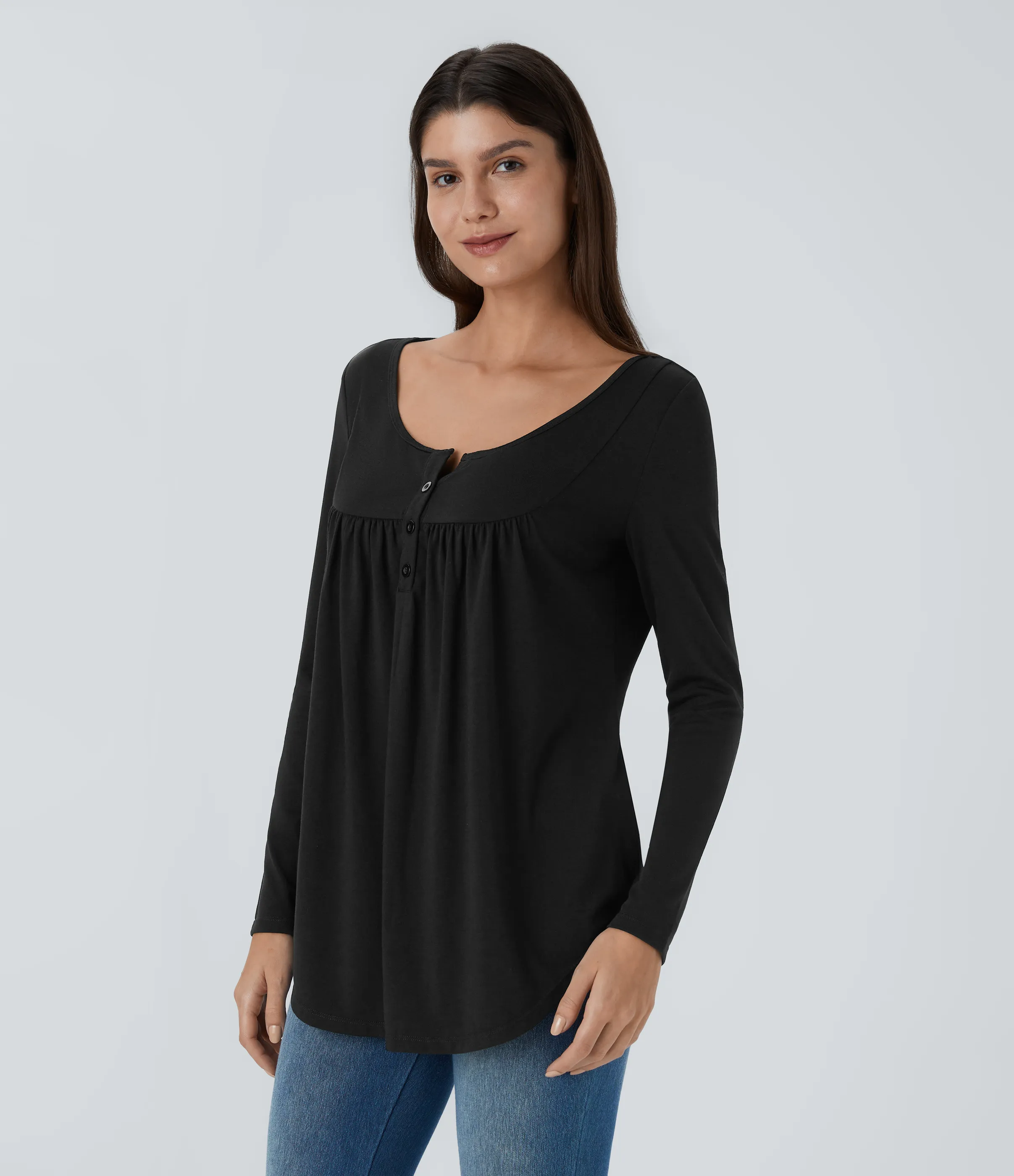 Halara Blusa cuello redondo botón manga larga plisada dobladillo curvo - Black - M sold by Halara product image thumbnail 4