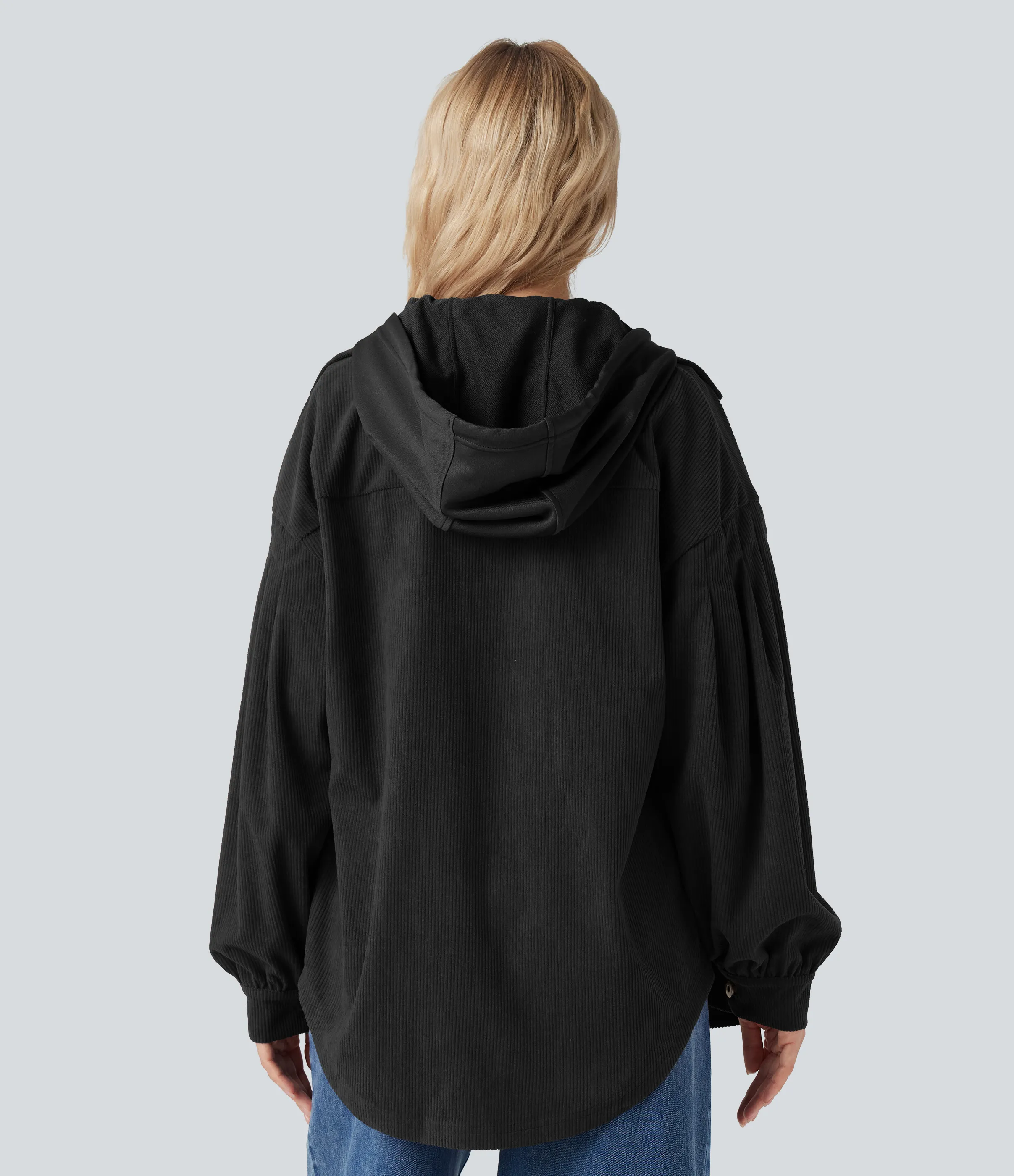 Halara Chaqueta casual de pana de manga larga con capucha, cordón y bolsillos - Black - XS sold by Halara product image thumbnail 3