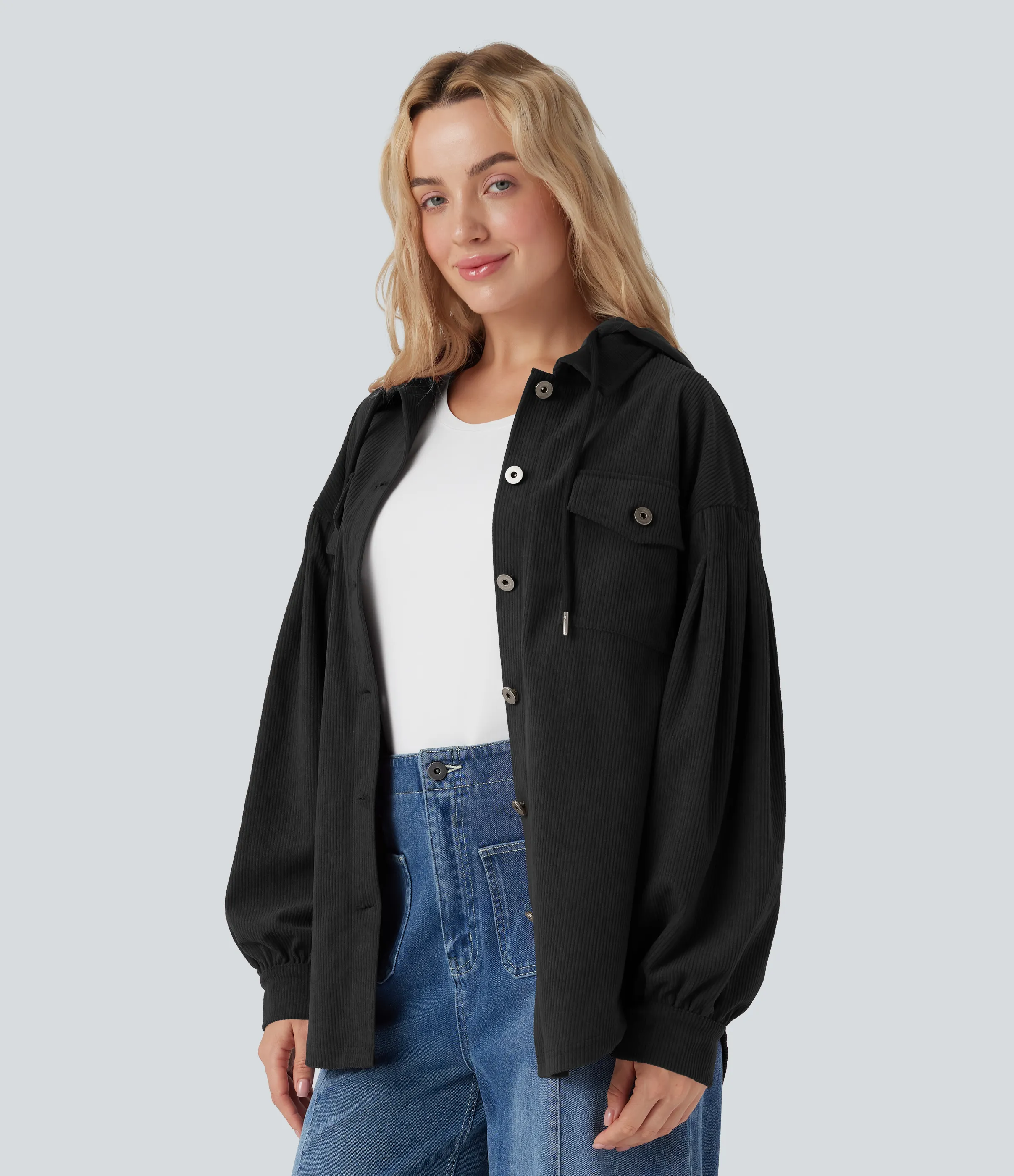 Halara Chaqueta casual de pana de manga larga con capucha, cordón y bolsillos - Black - XS sold by Halara product image thumbnail 4