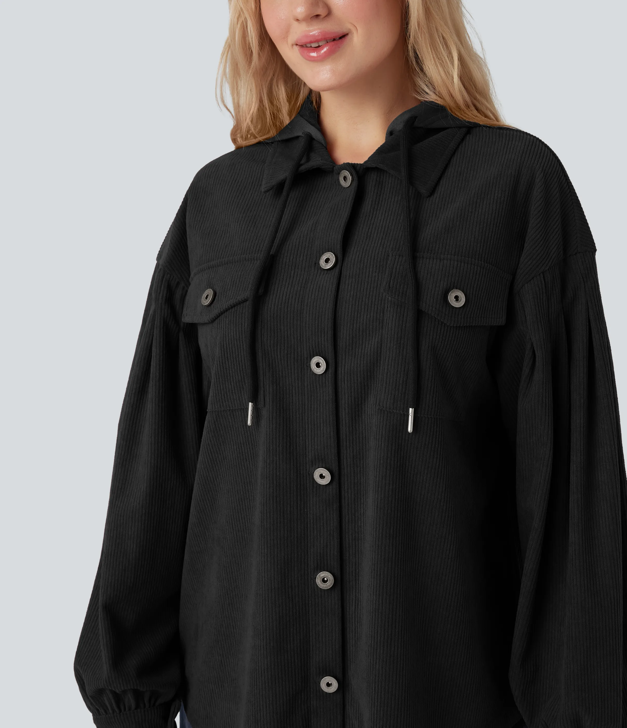 Halara Chaqueta casual de pana de manga larga con capucha, cordón y bolsillos - Black - XS sold by Halara product image thumbnail 5