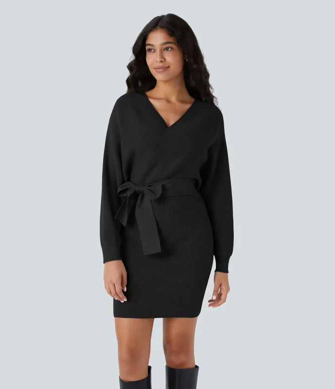 Halara Vestido suéter corto cinturón manga larga cuello V cruzado murciélago - Black - XS sold by Halara