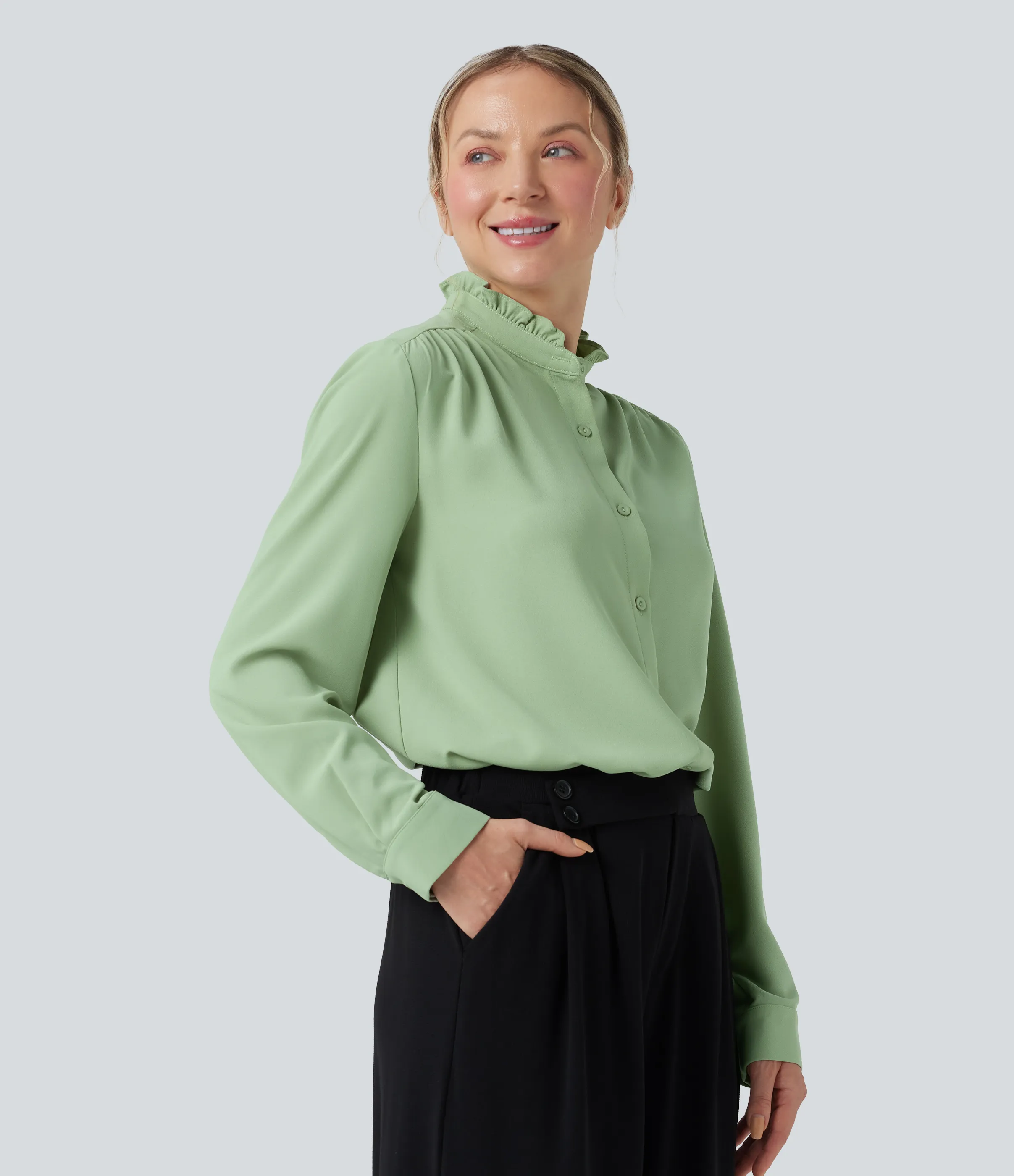 Halara Camisa casual de manga larga antiarrugas con cuello alto y ribete - Dewy Green - XS sold by Halara product image thumbnail 4