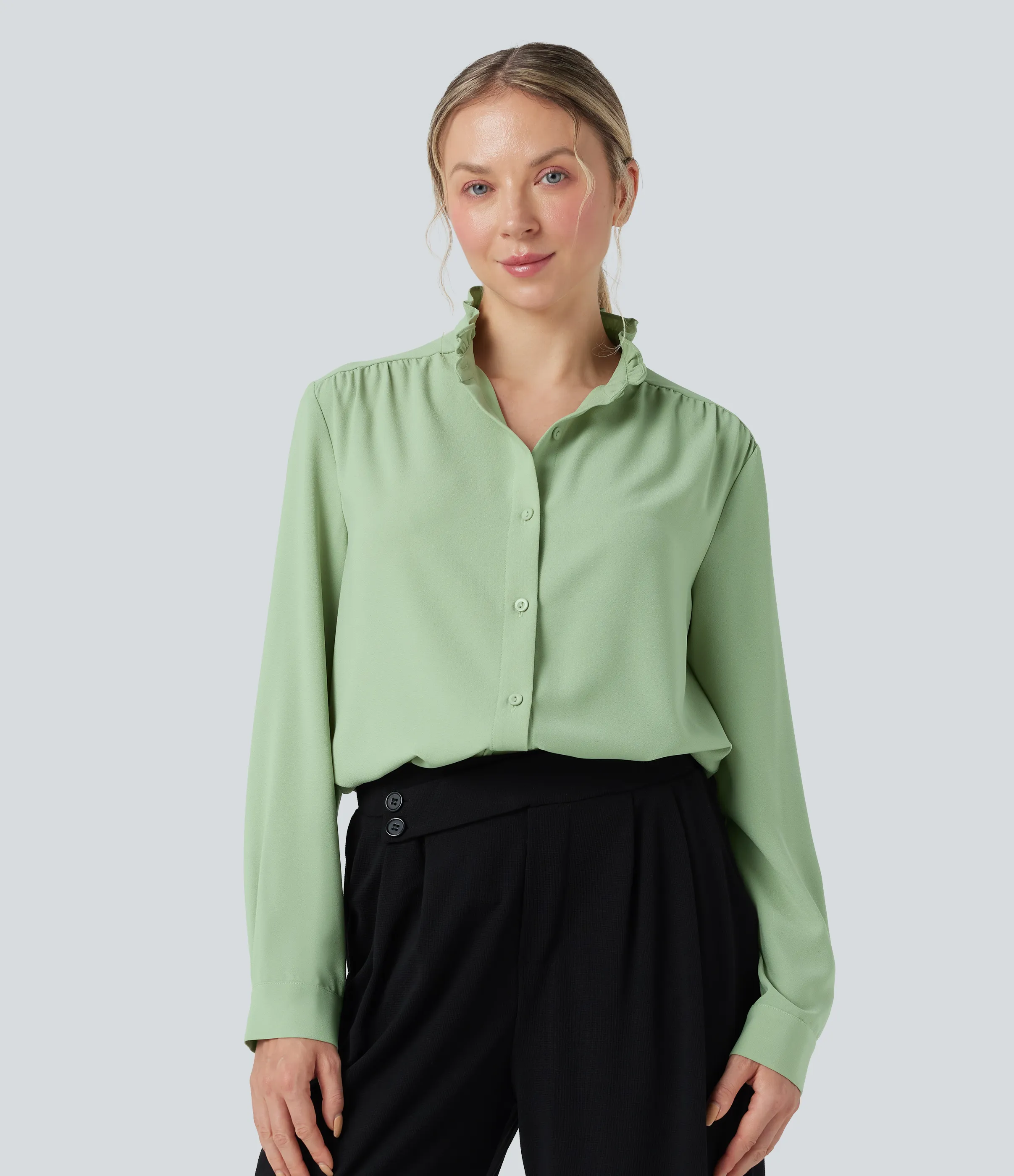 Halara Camisa casual de manga larga antiarrugas con cuello alto y ribete - Dewy Green - XS sold by Halara product image thumbnail 5