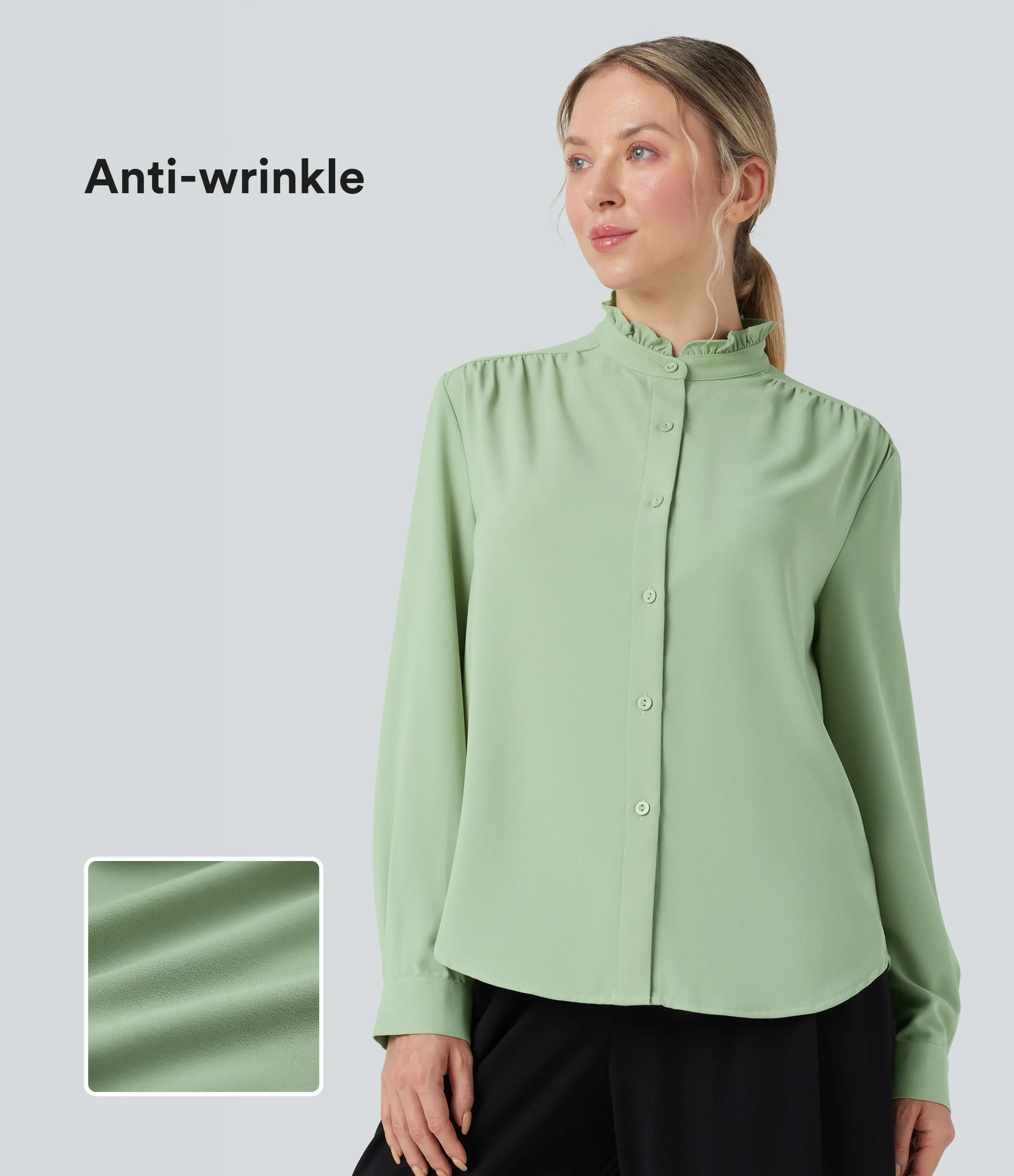 Halara Camisa casual de manga larga antiarrugas con cuello alto y ribete - Dewy Green - L sold by Halara product image thumbnail 2