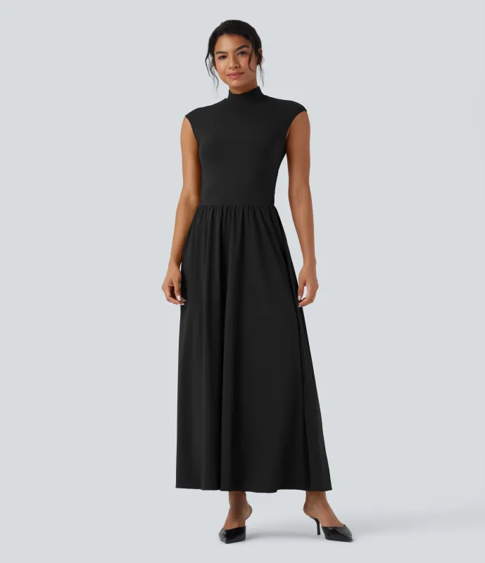 Halara Vestido largo maxi casual Breezeful™ fluido y acampanado con cuello alto de manga corta y secado rápido - Black - S sold by Halara