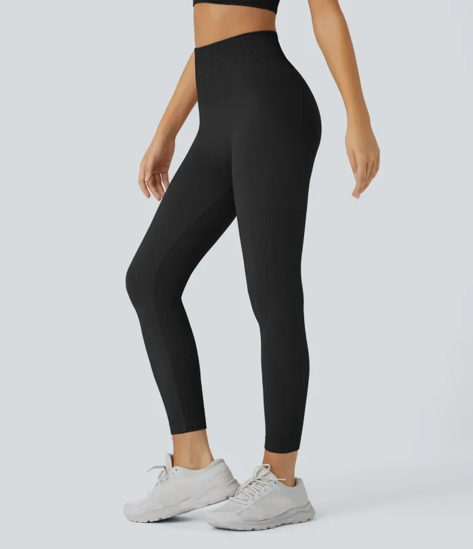 Halara Leggings de entrenamiento acanalados con tiro alto suaves y sin costuras con control de abomen y push-up - Black - XS(7/8) made by Halara