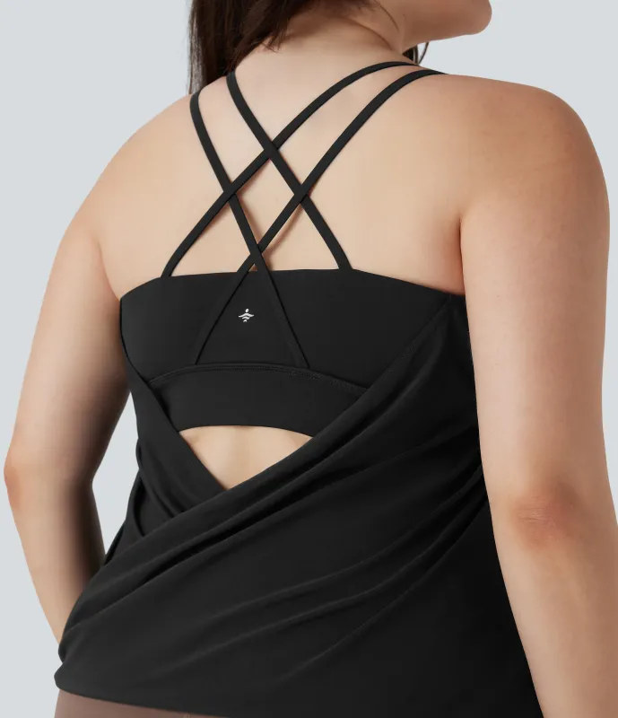 Halara Top de yoga de secado rápido plisado sin espalda y cruzado de talla grande - Black - 2X sold by Halara