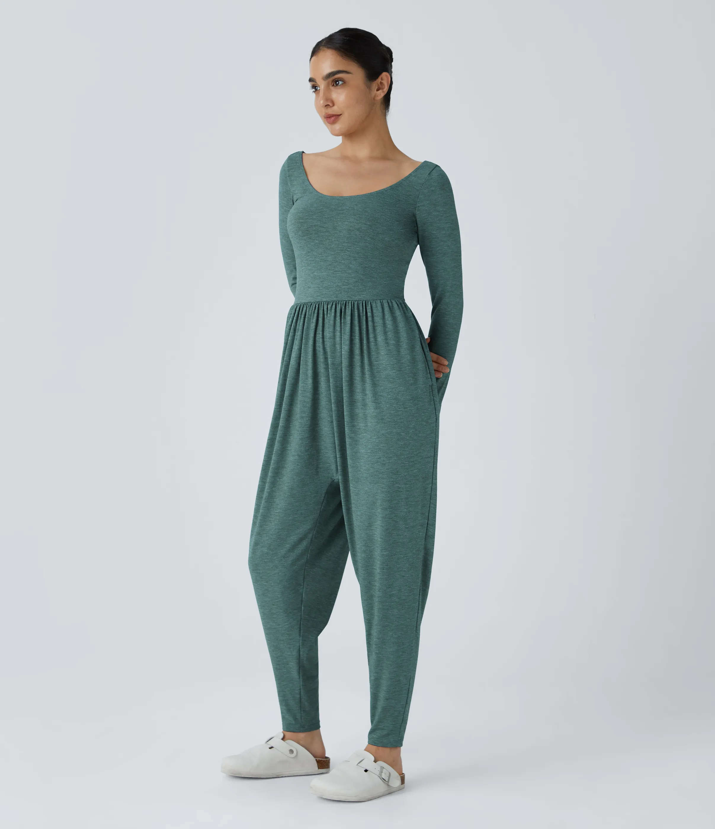 Halara Mono harén cuello redondo sin espalda bolsillo lateral plisado - Jade Green Floral Yarn - XL(regular) sold by Halara product image thumbnail 2