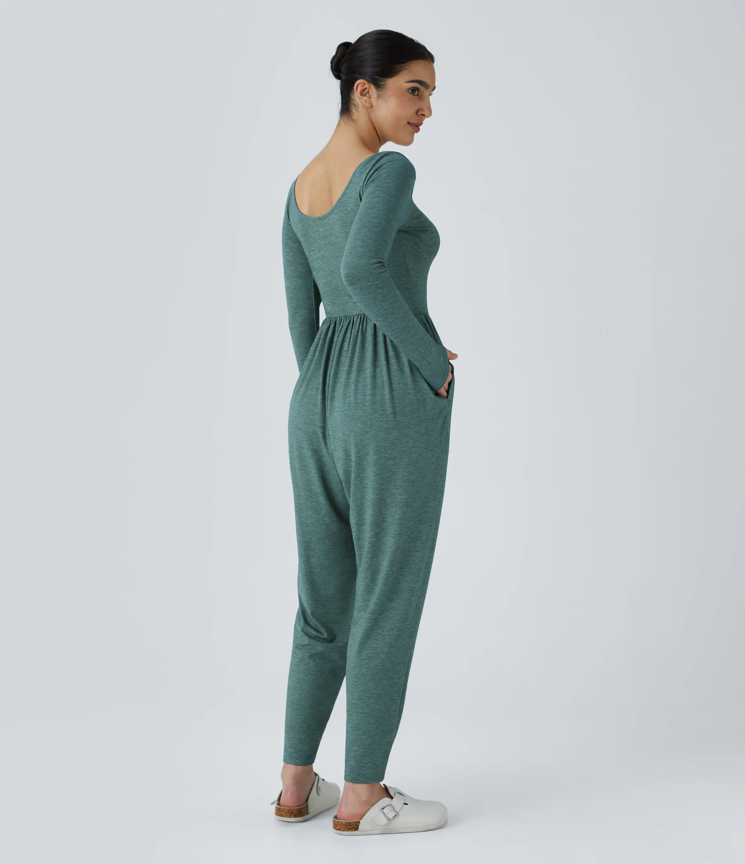 Halara Mono harén cuello redondo sin espalda bolsillo lateral plisado - Jade Green Floral Yarn - XL(regular) sold by Halara product image thumbnail 3