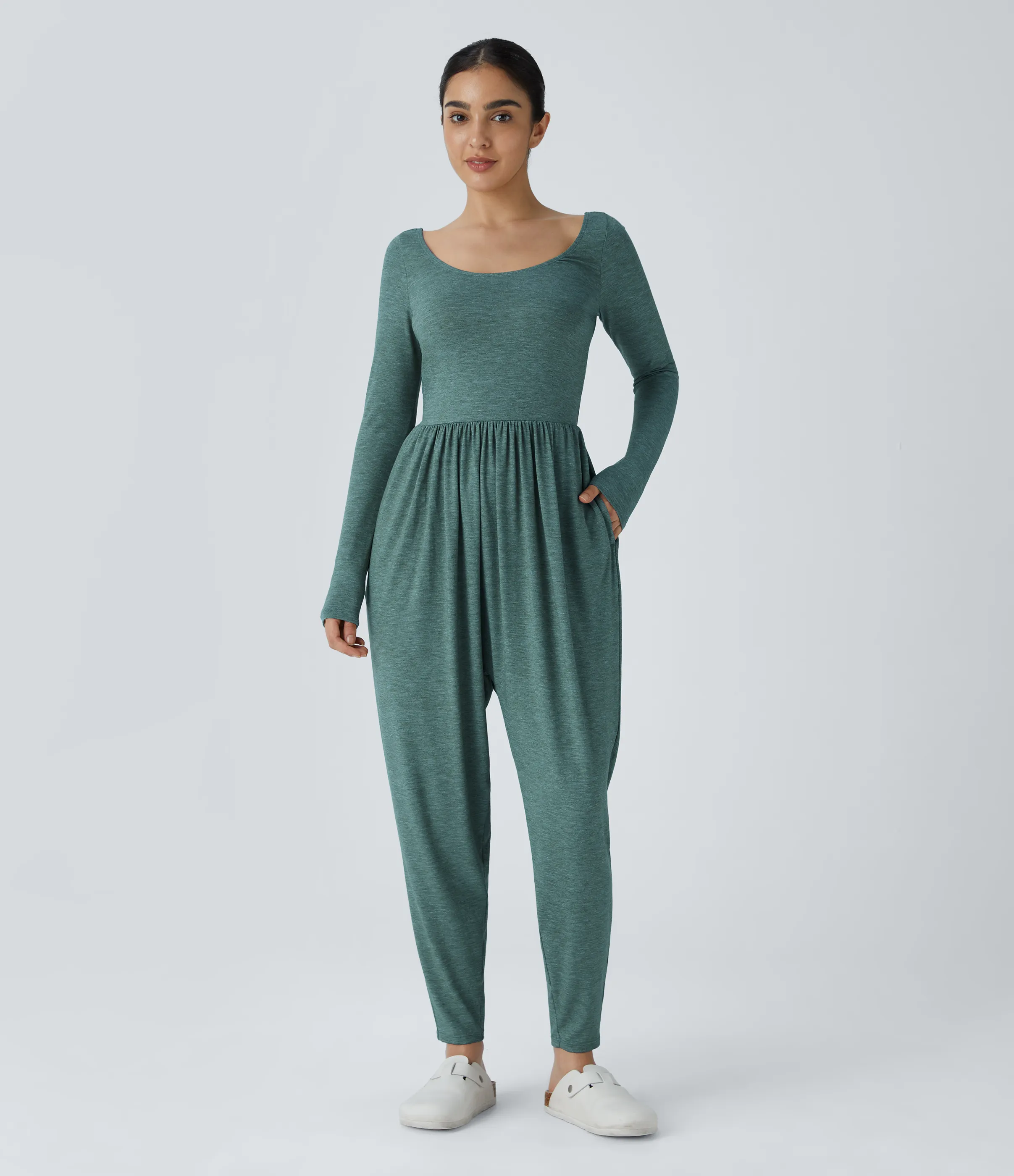 Halara Mono harén cuello redondo sin espalda bolsillo lateral plisado - Jade Green Floral Yarn - XL(regular) sold by Halara product image thumbnail 4