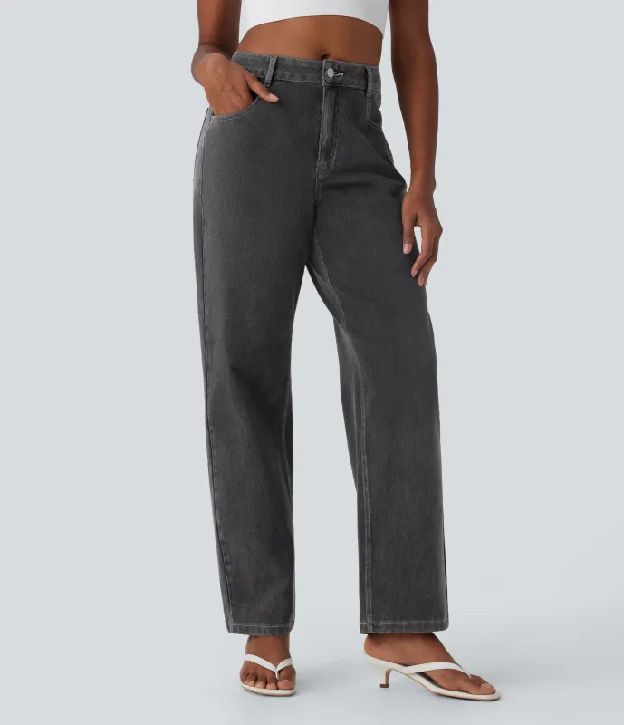 Halara Jeans Halara Flex™ Denim Baggy holgados elásticos desgastados de tiro medio con bolsillos - Phantom Denim - S(regular) sold by Halara