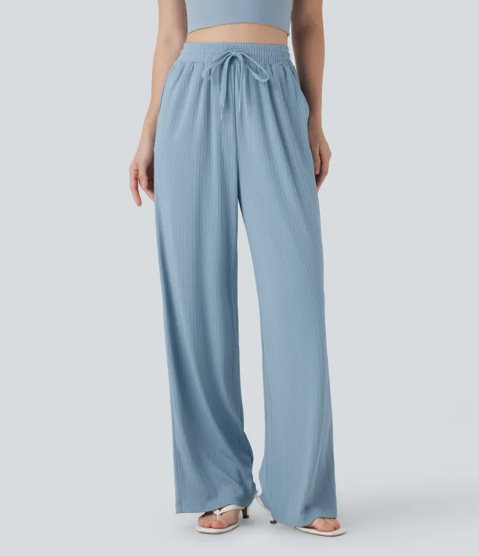 Halara Pantalones rectos casuales de punto acanalado con tiro alto y cordón ajustable y bolsillos laterales - Mountain Spring - XL(regular) sold by Halara