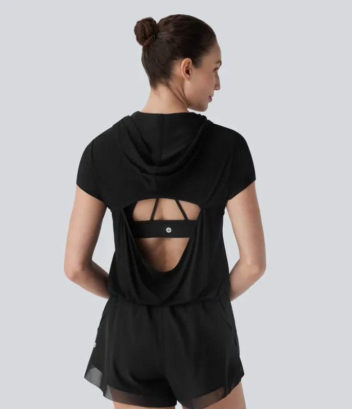 Halara Top deportivo de yoga con capucha y mangas cortas recortadas - Black - XS sold by Halara