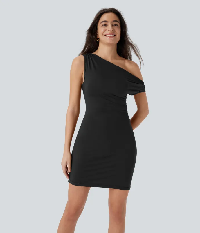 Halara Vestido mini ajustado sin mangas cuello asimétrico - Black - XS made by Halara