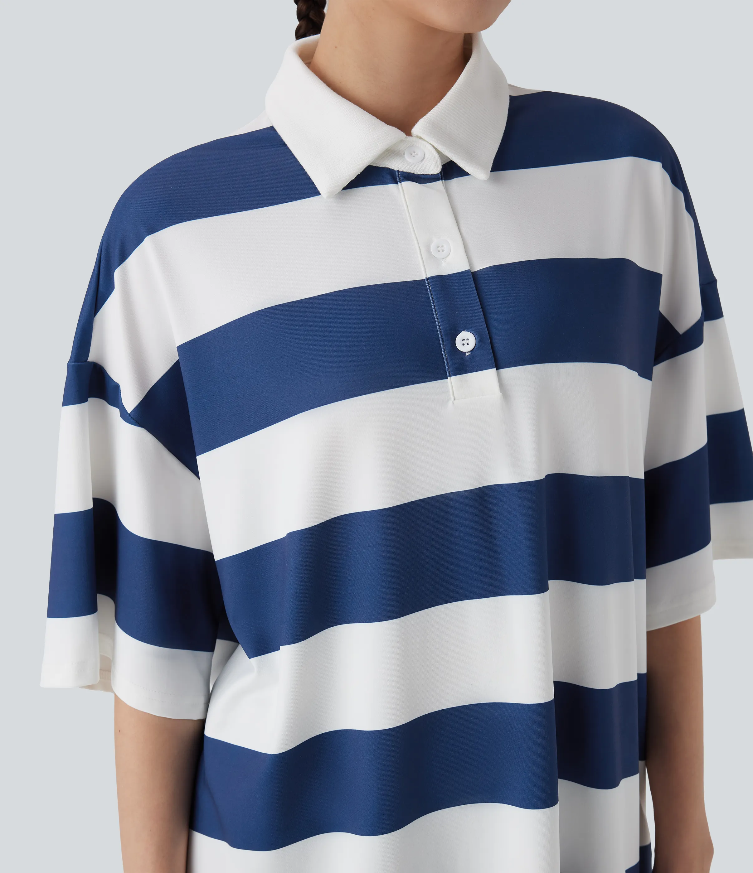 Halara Camiseta casual extragrande con cuello polo hombros caídos y rayas en bloques de color - Blue White Stripes - XS sold by Halara product image thumbnail 5
