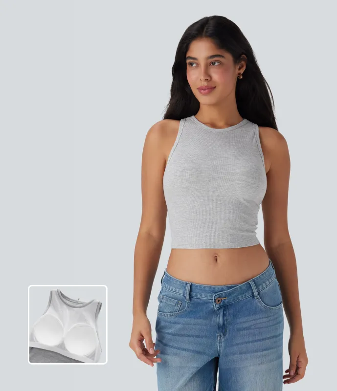 Halara Top corto casual sin mangas con cuello redondo - Mottled Grey - M sold by Halara