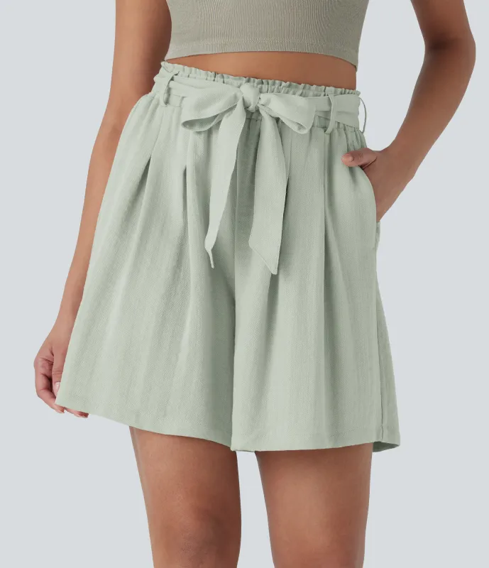 Halara Bermudas casuales de lino de tiro alto con cinturón y bolsillos laterales - Fog Green - M sold by Halara