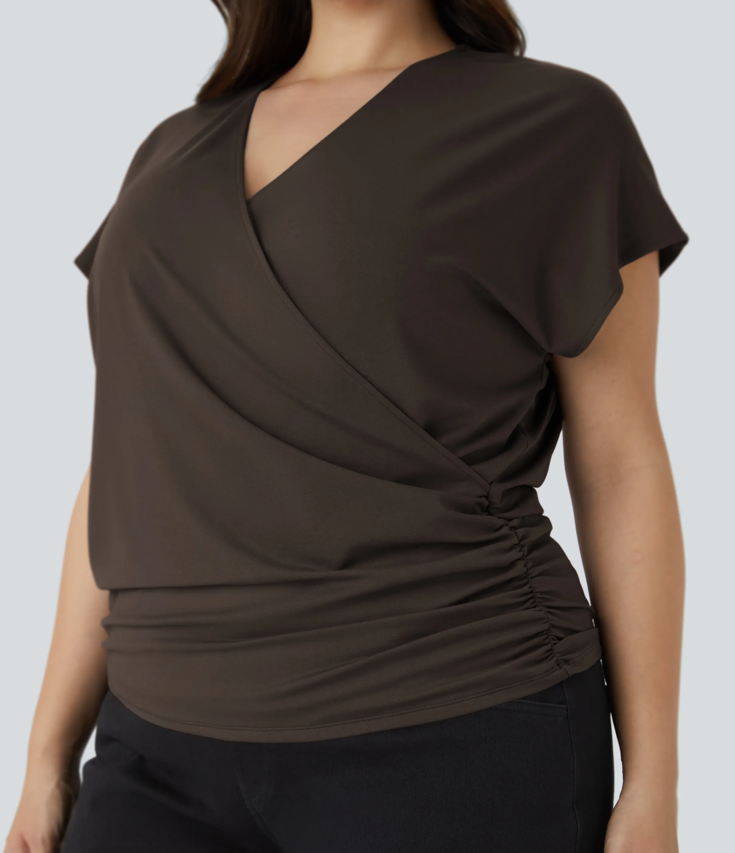 Halara Blusa oficina talla grande cuello V manga casquillo cruzada fruncida sólida - Delicioso - 1X sold by Halara